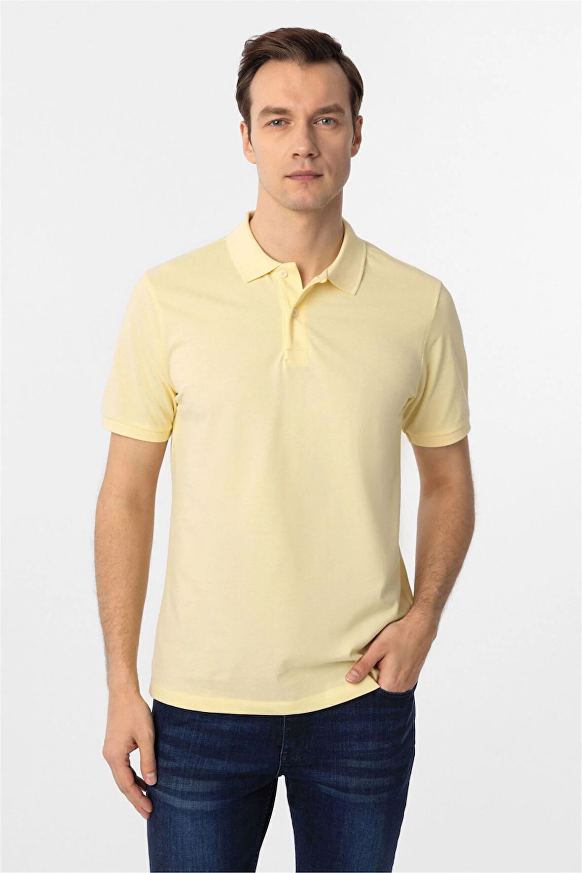 Sarı Regular Armürlü Polo Yaka Tişört