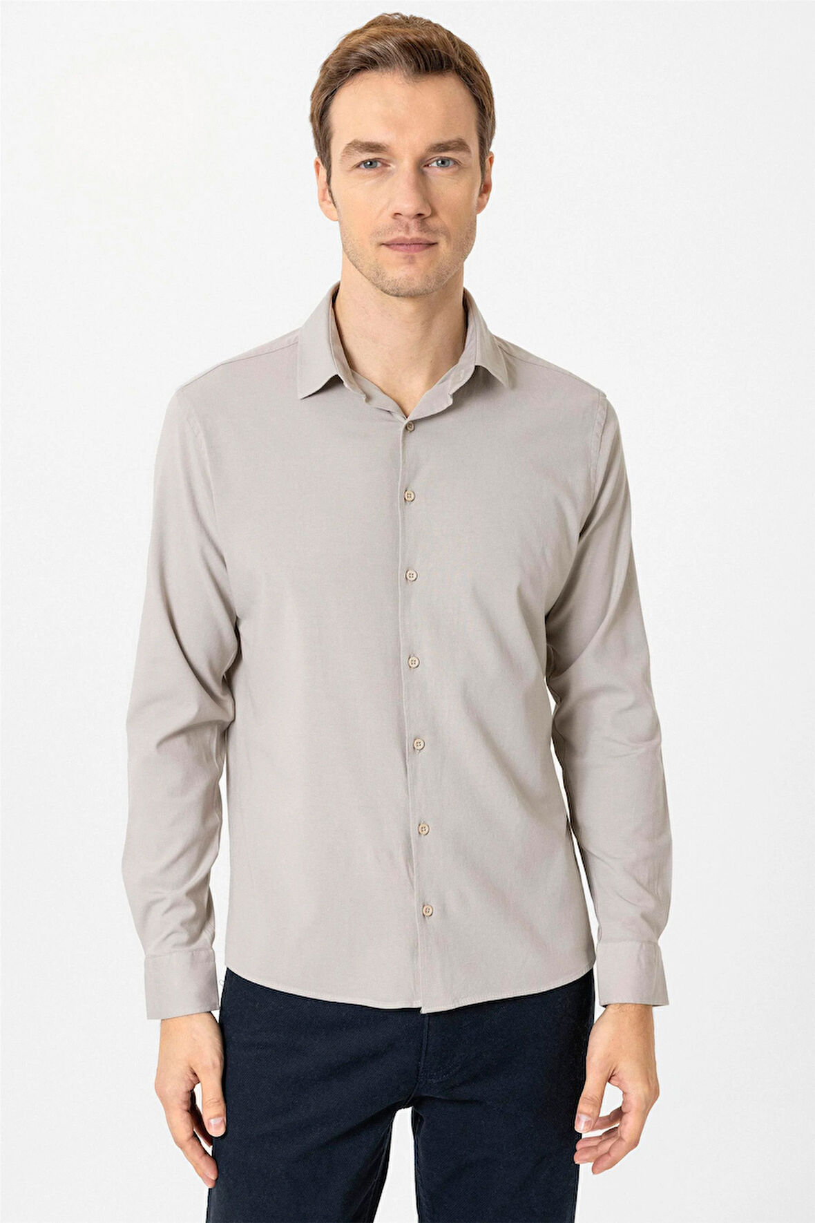 Ekru Slim Fit Düz Klasik Yaka Gömlek