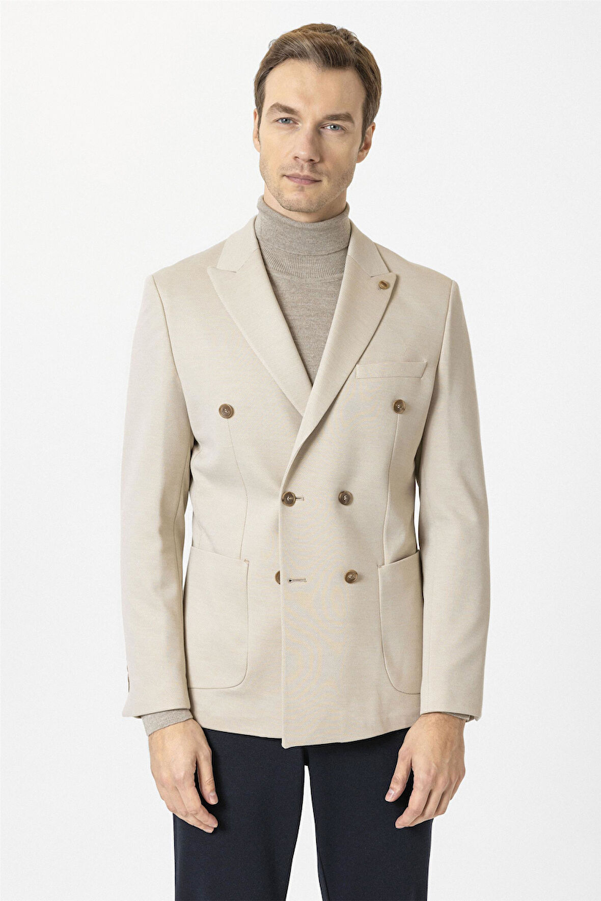 Bej Slim Fit Düz Sivri Yaka 6 Drop Ceket