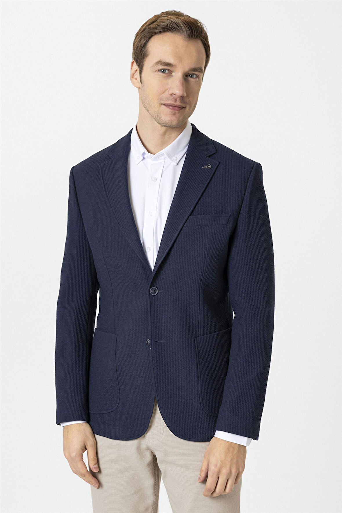 Lacivert Slim Fit Düz Mono Yaka 6 Drop Ceket
