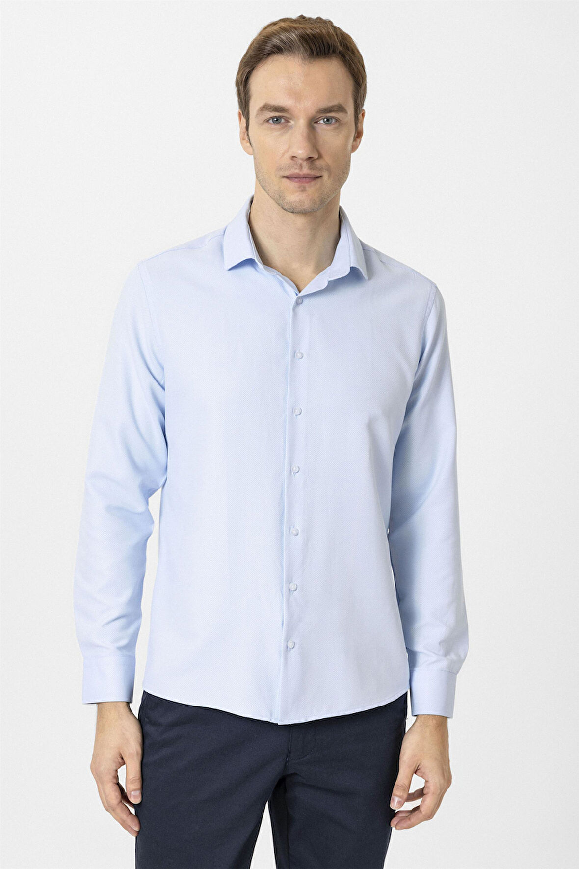 Buz Mavi Slim Fit Desenli Klasik Yaka Gömlek