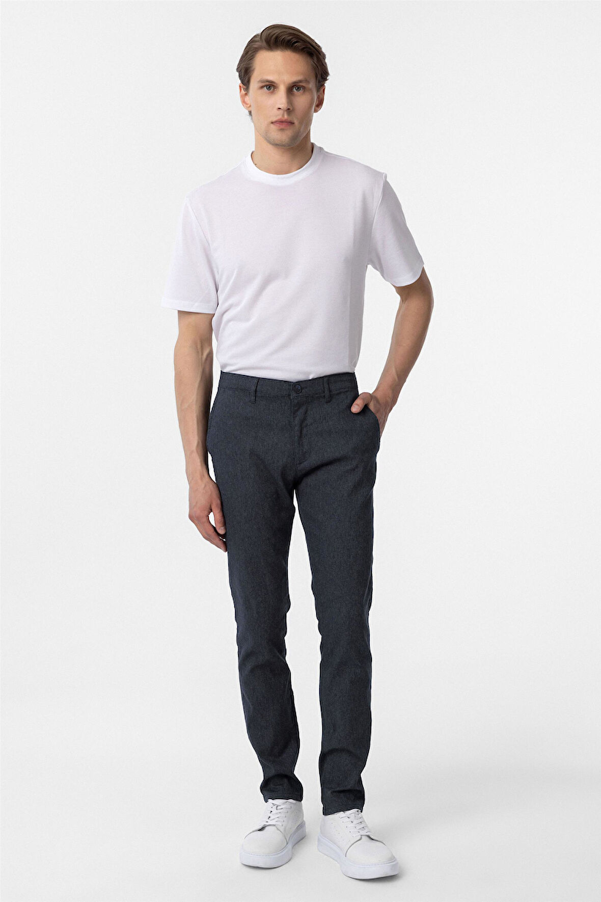 Lacivert Slim Fit Armürlü Kanvas Pantolon