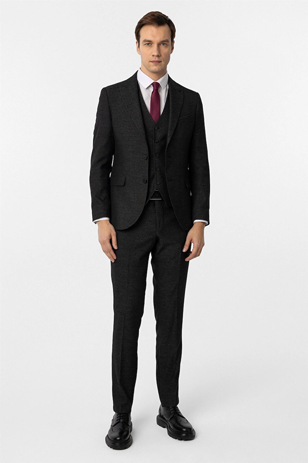 Siyah Slim Fit Desenli Sivri Yaka 6 Drop Yelekli Klasik Takım Elbise