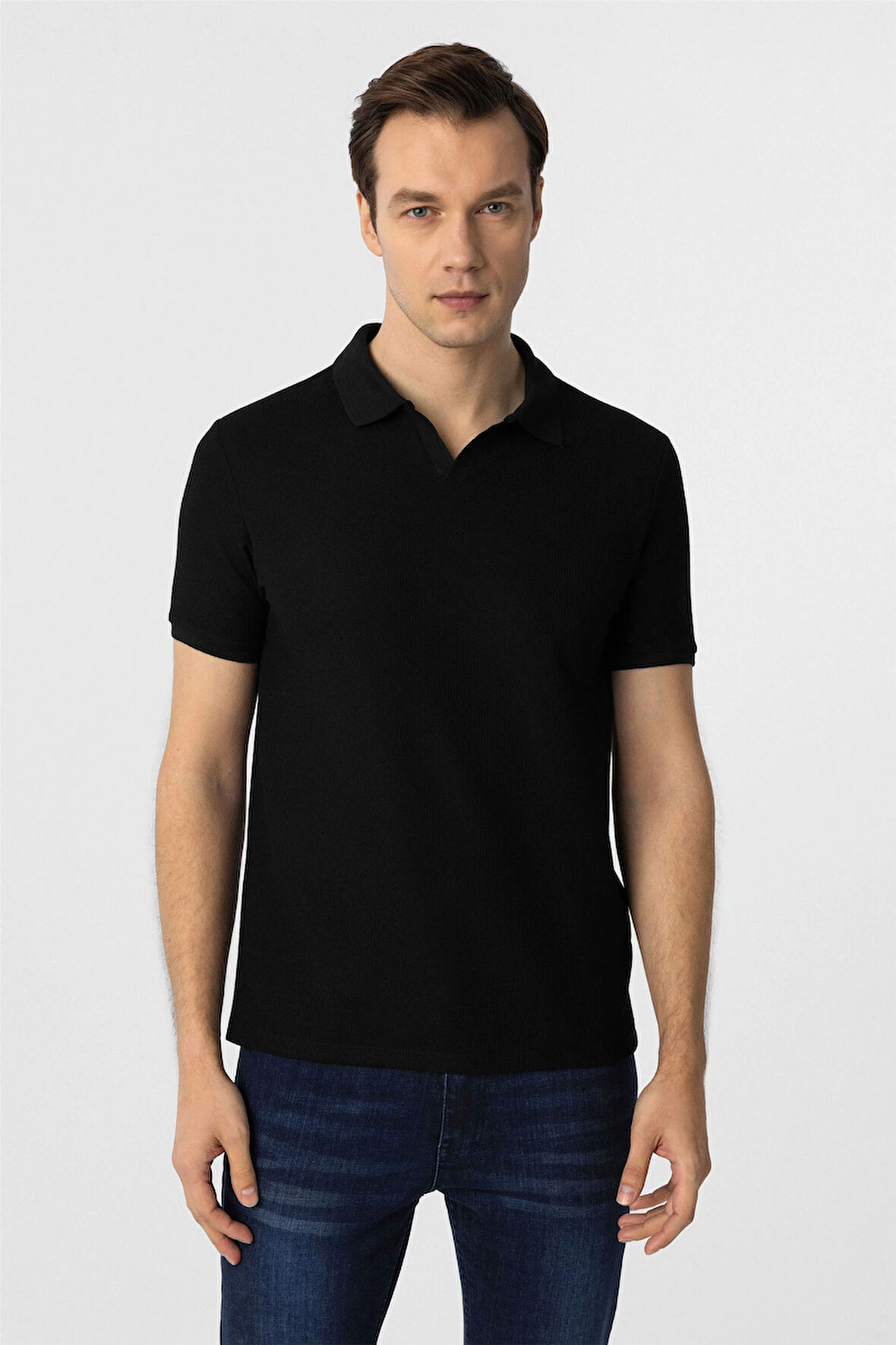 Siyah Slim Fit Armürlü Polo Yaka Tişört