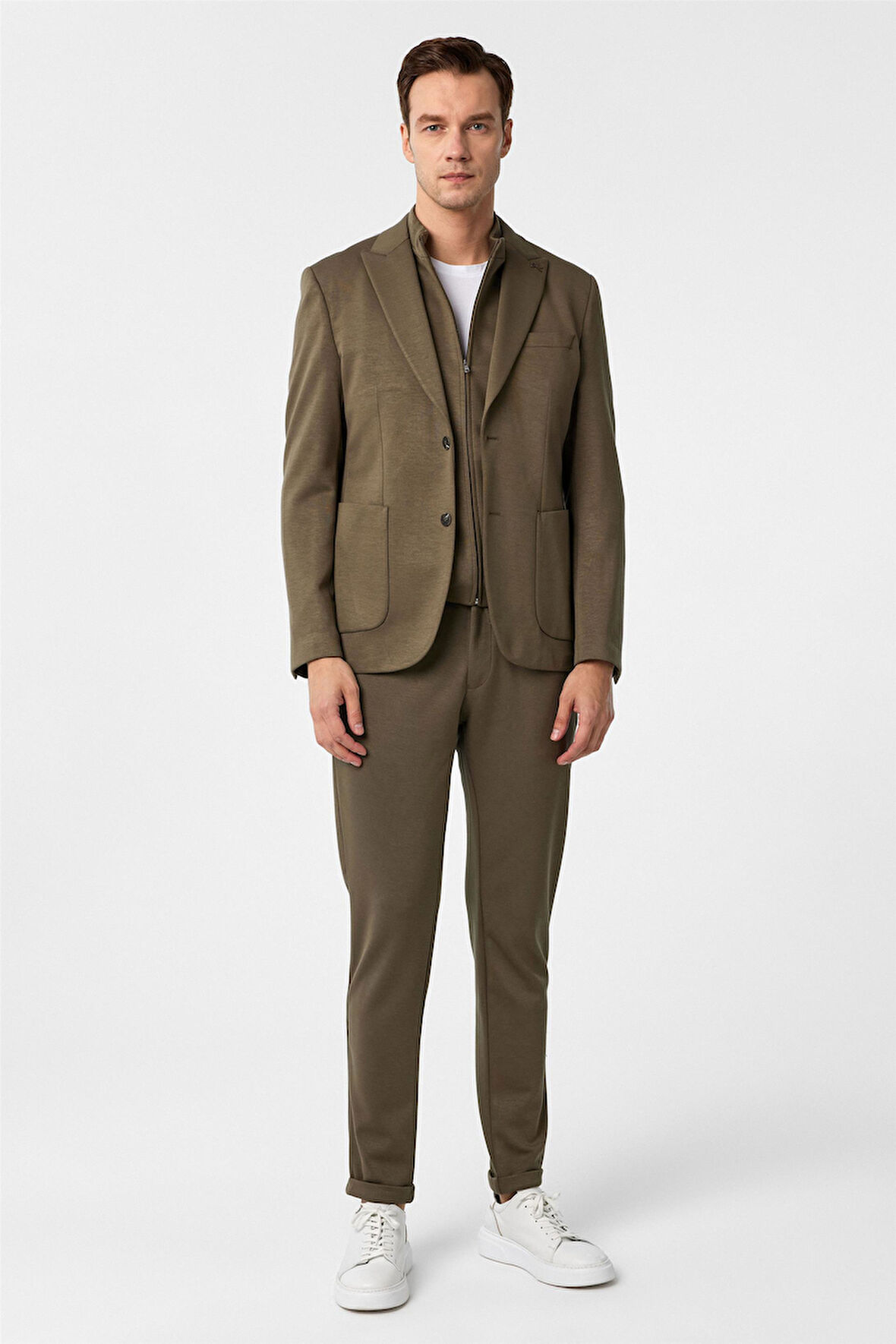 Haki Slim Fit Düz Sivri Yaka 6 Drop Spor Takım Elbise