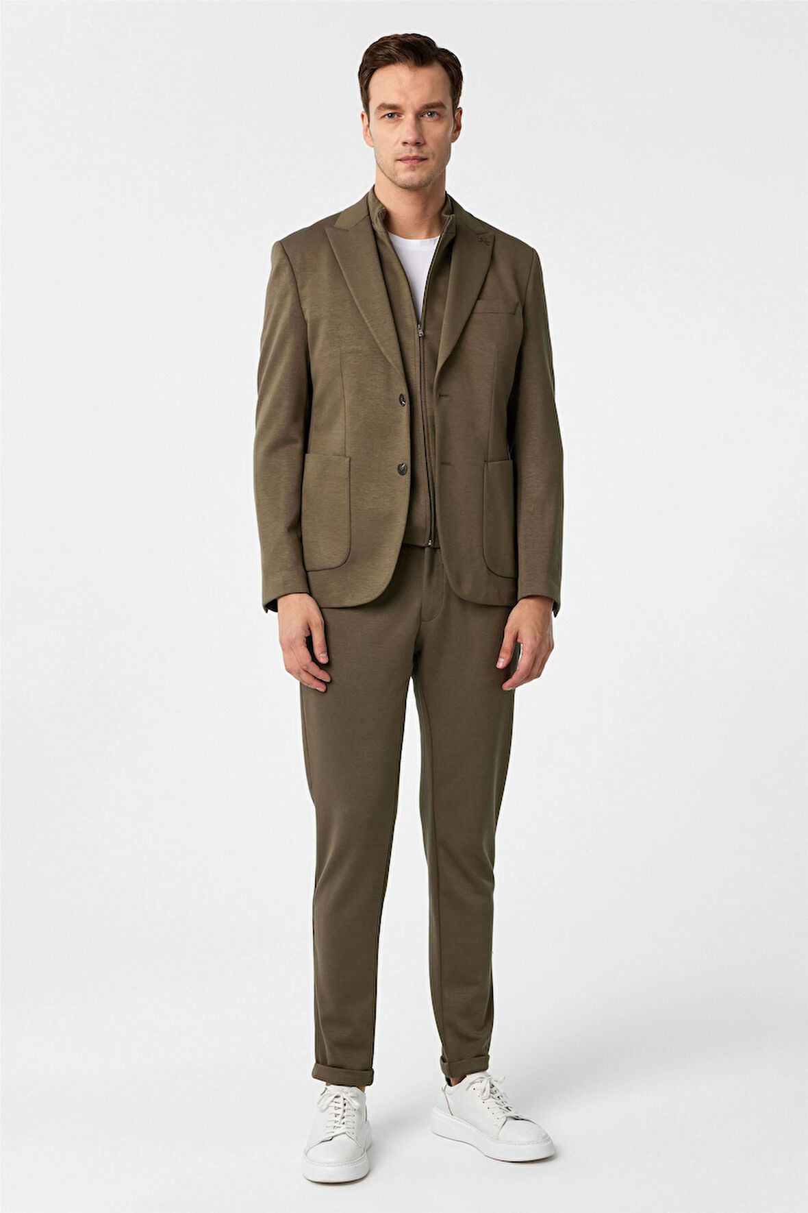 Haki Slim Fit Düz Sivri Yaka 6 Drop Spor Takım Elbise