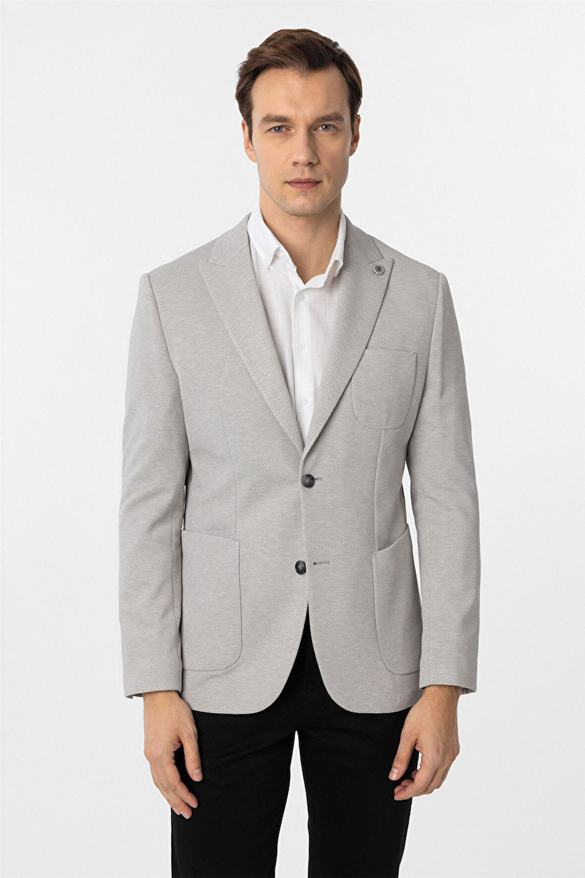 Gri Slim Fit Armürlü Sivri Yaka 6 Drop Ceket