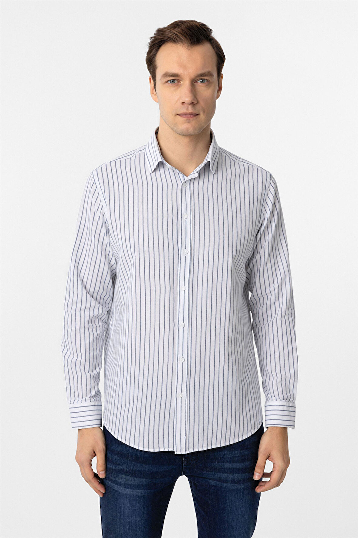 Lacivert Regular Fit Düz Düğmeli Yaka Çizgili Gömlek