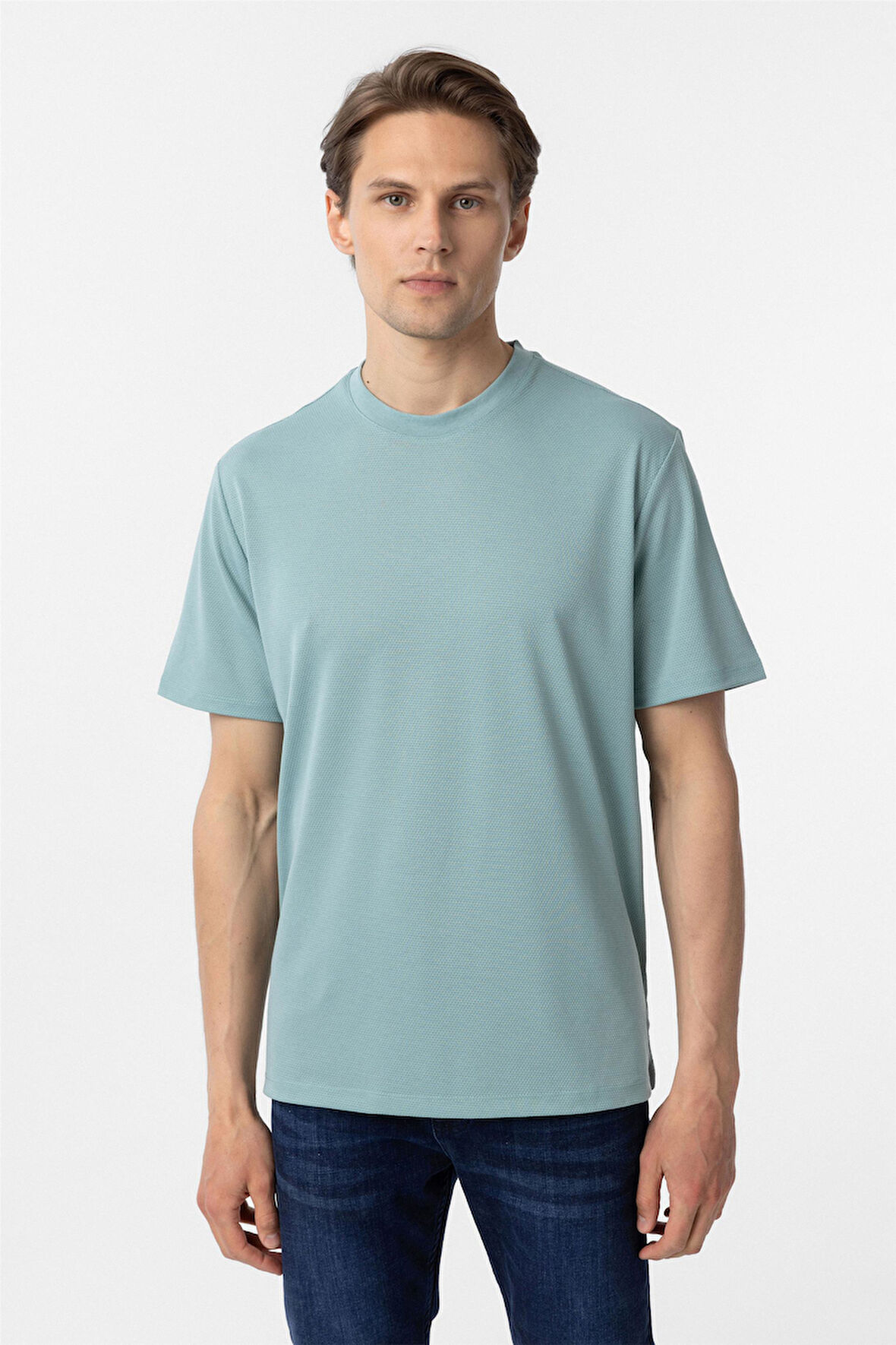 Yeşil Slim Fit Armürlü Bisiklet Yaka Tişört