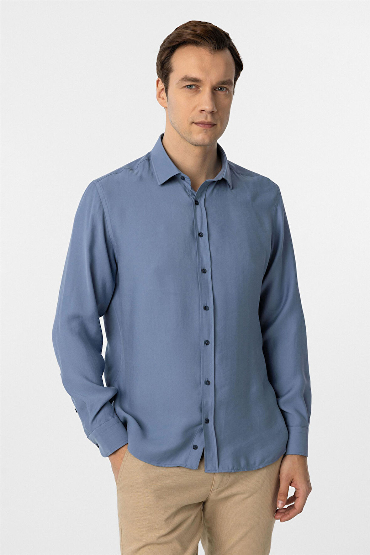 Mavi Slim Fit Düz Klasik Yaka Gömlek