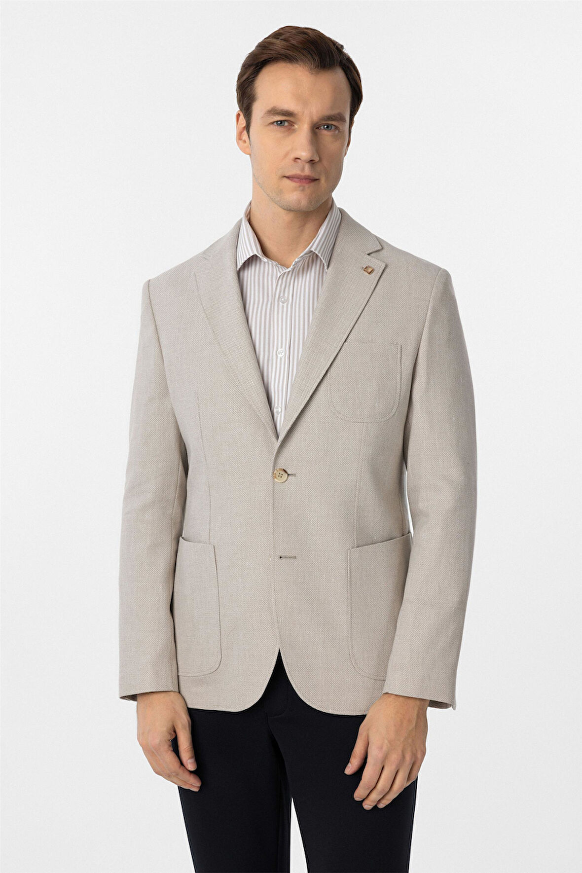 Bej Slim Fit Armürlü Mono Yaka 6 Drop Ceket