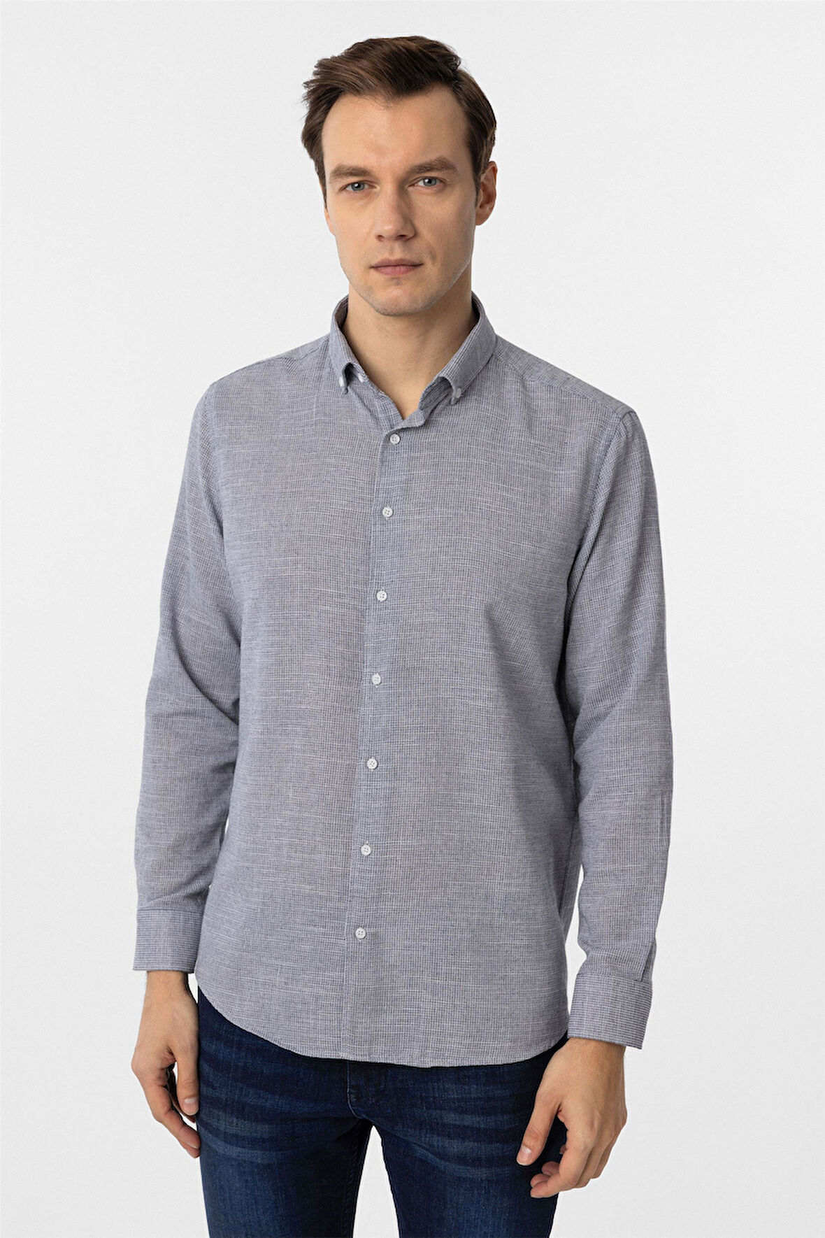 Lacivert Regular Fit Desenli Düğmeli Yaka Gömlek