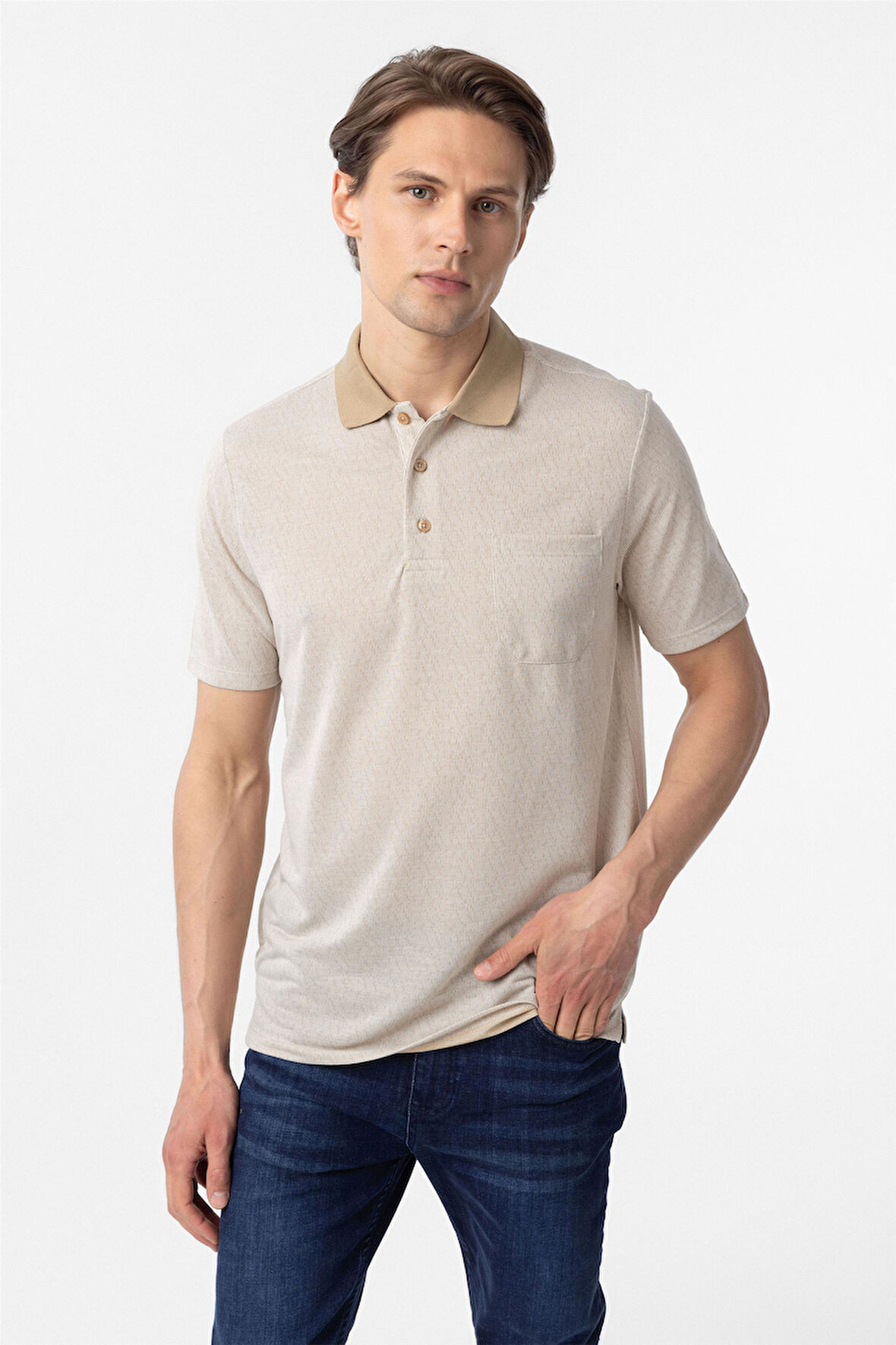 Bej Regular Armürlü Polo Yaka Tişört