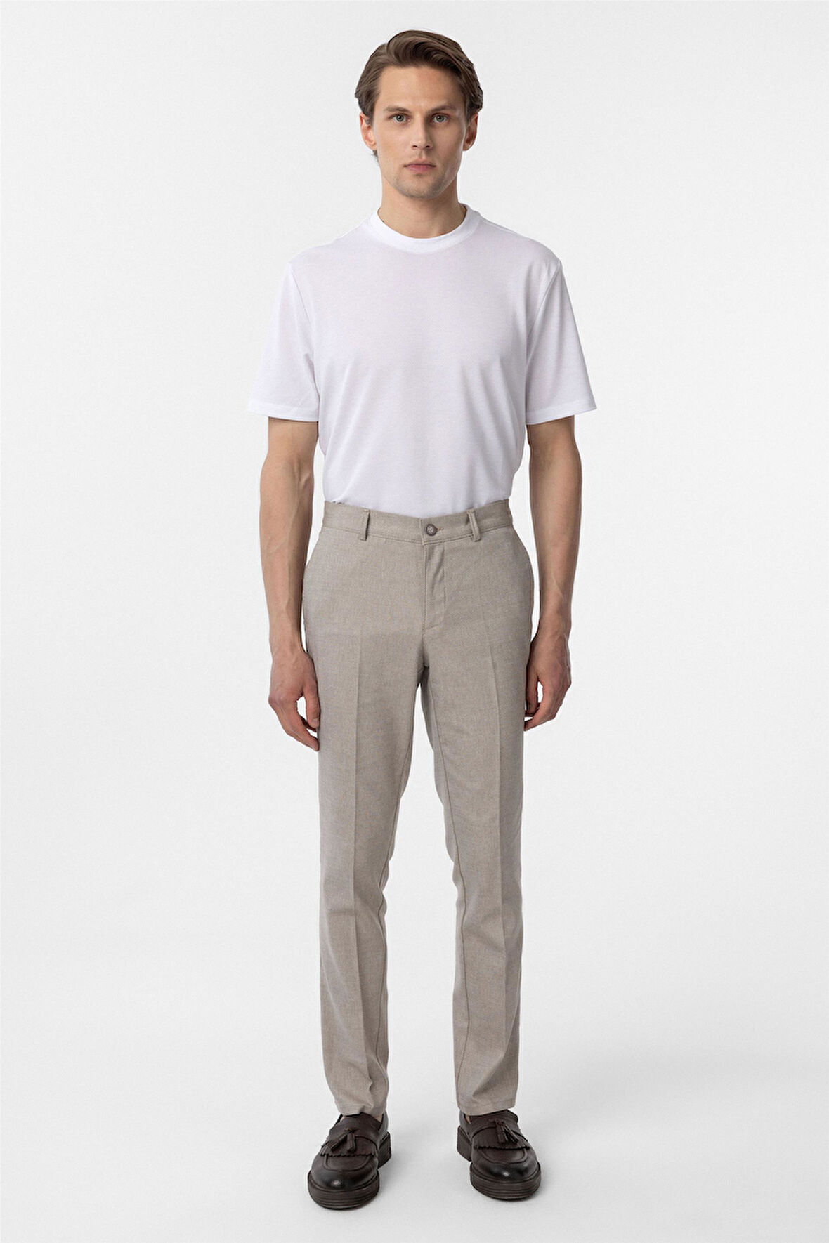 Bej Regular Armürlü Kanvas Pantolon