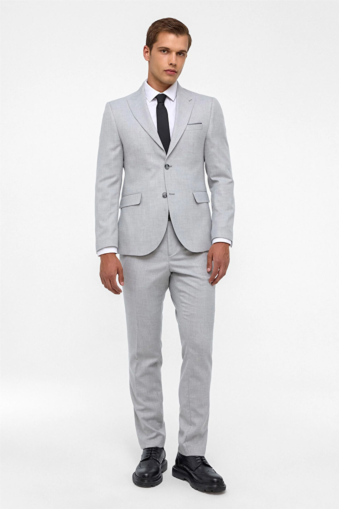 Gri Slim Fit Desenli Sivri Yaka 6 Drop Klasik Takım Elbise