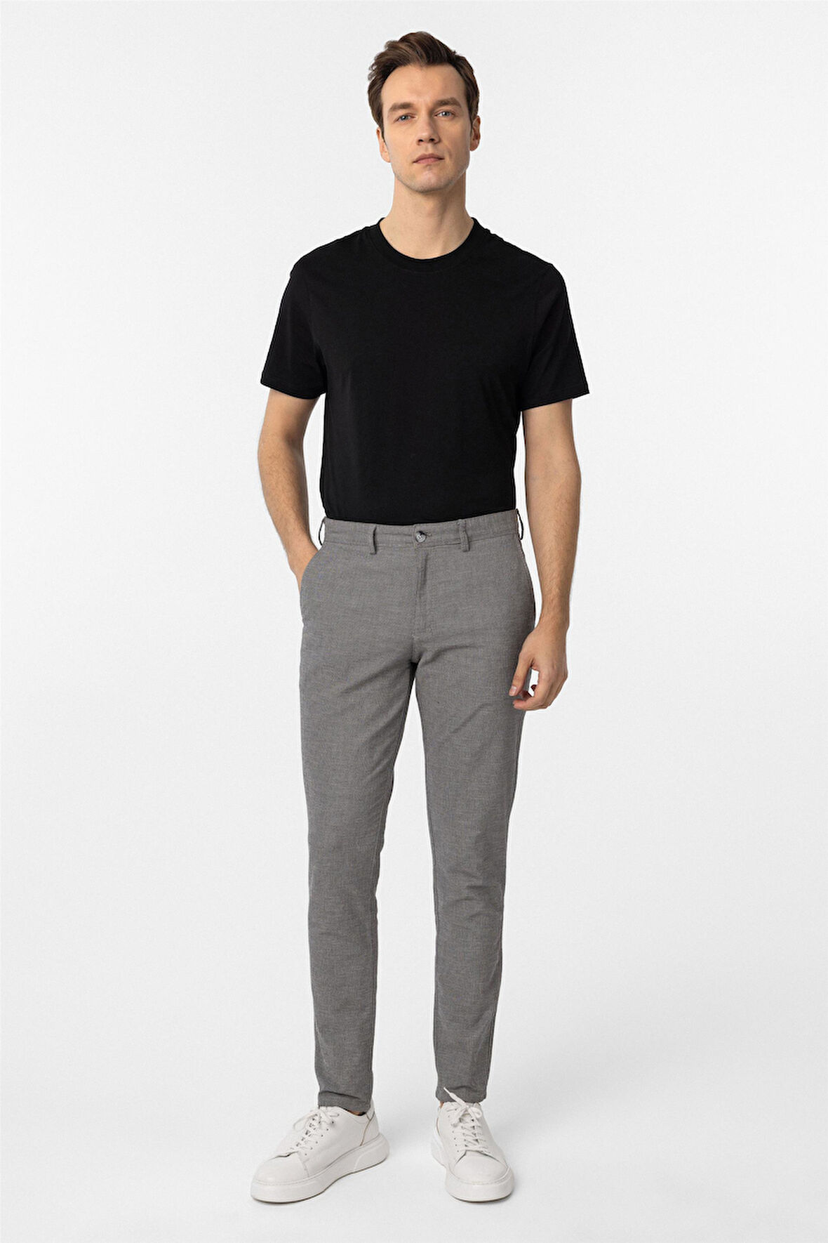 Koyu Gri Slim Fit Armürlü Kanvas Pantolon