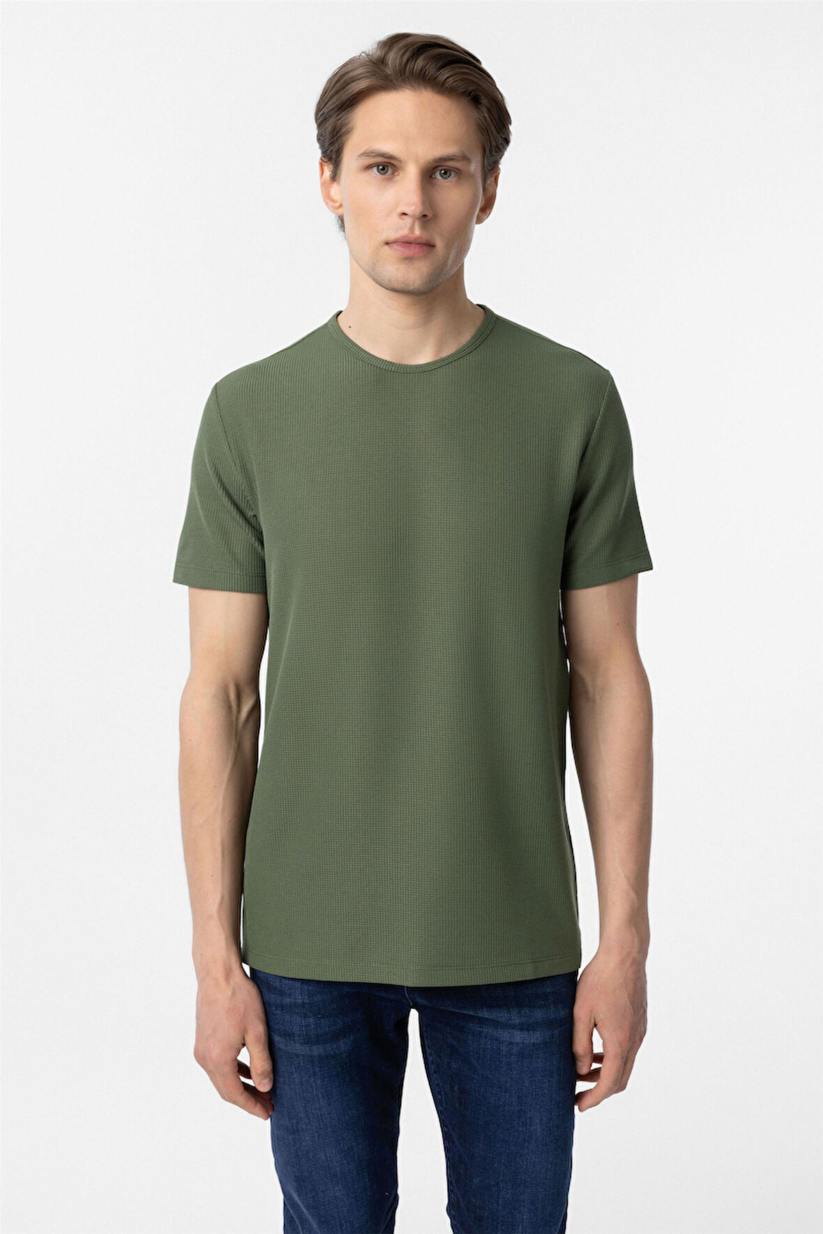 Koyu Haki Slim Fit Armürlü Bisiklet Yaka Tişört