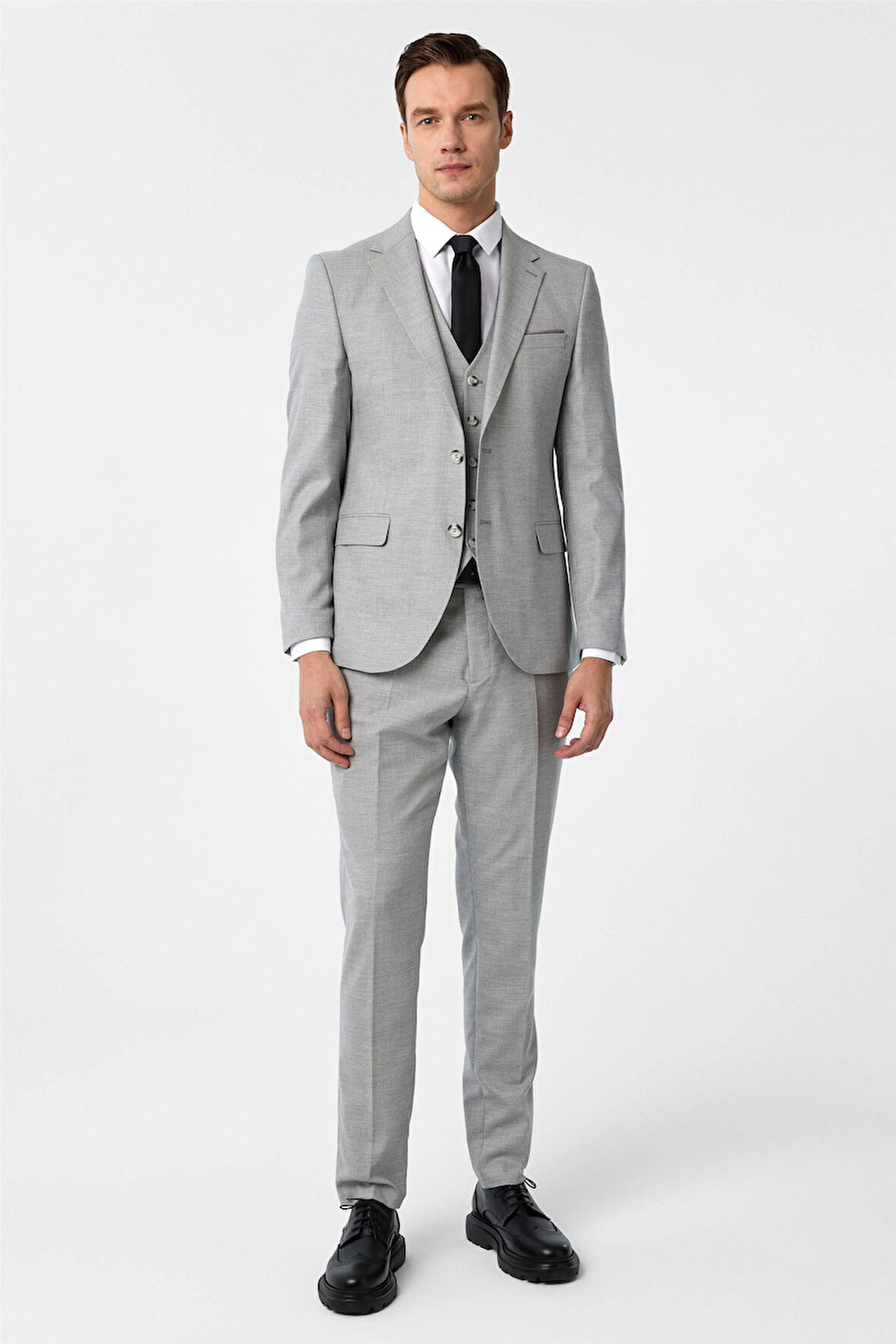 Gri Slim Fit Desenli Mono Yaka 6 Drop Yelekli Klasik Takım Elbise