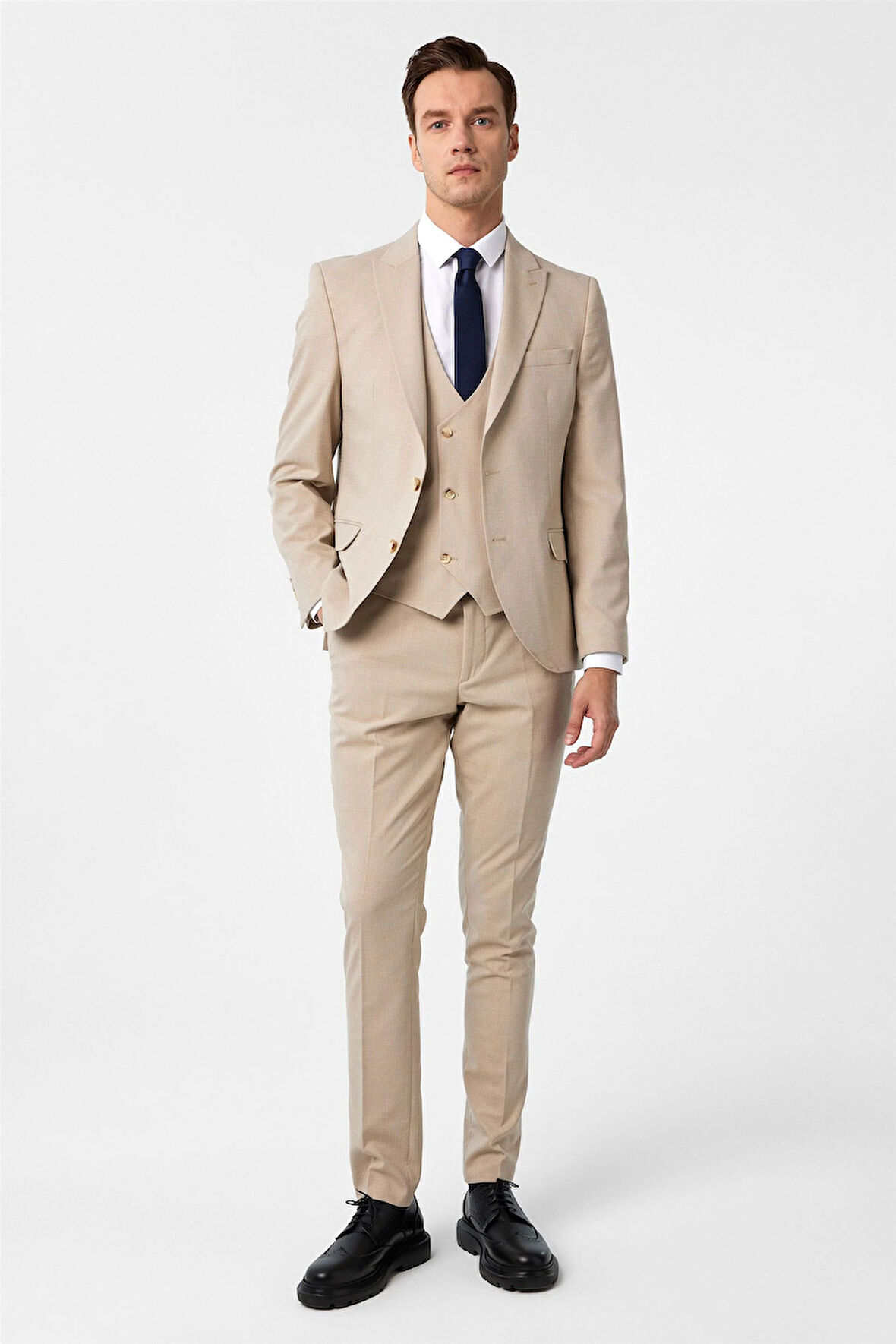 Bej Slim Fit Desenli Sivri Yaka 6 Drop Yelekli Klasik Takım Elbise