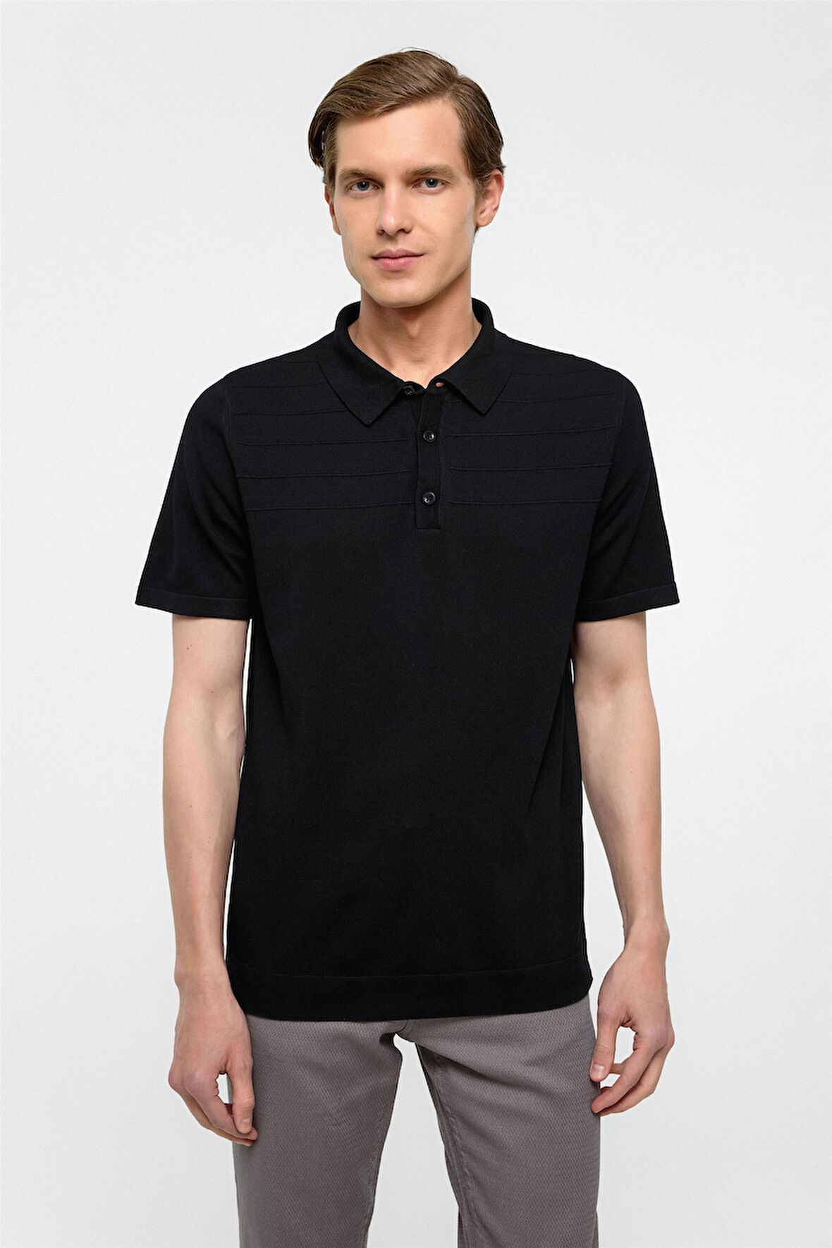 Siyah Regular Düz Polo Yaka Triko Tişört
