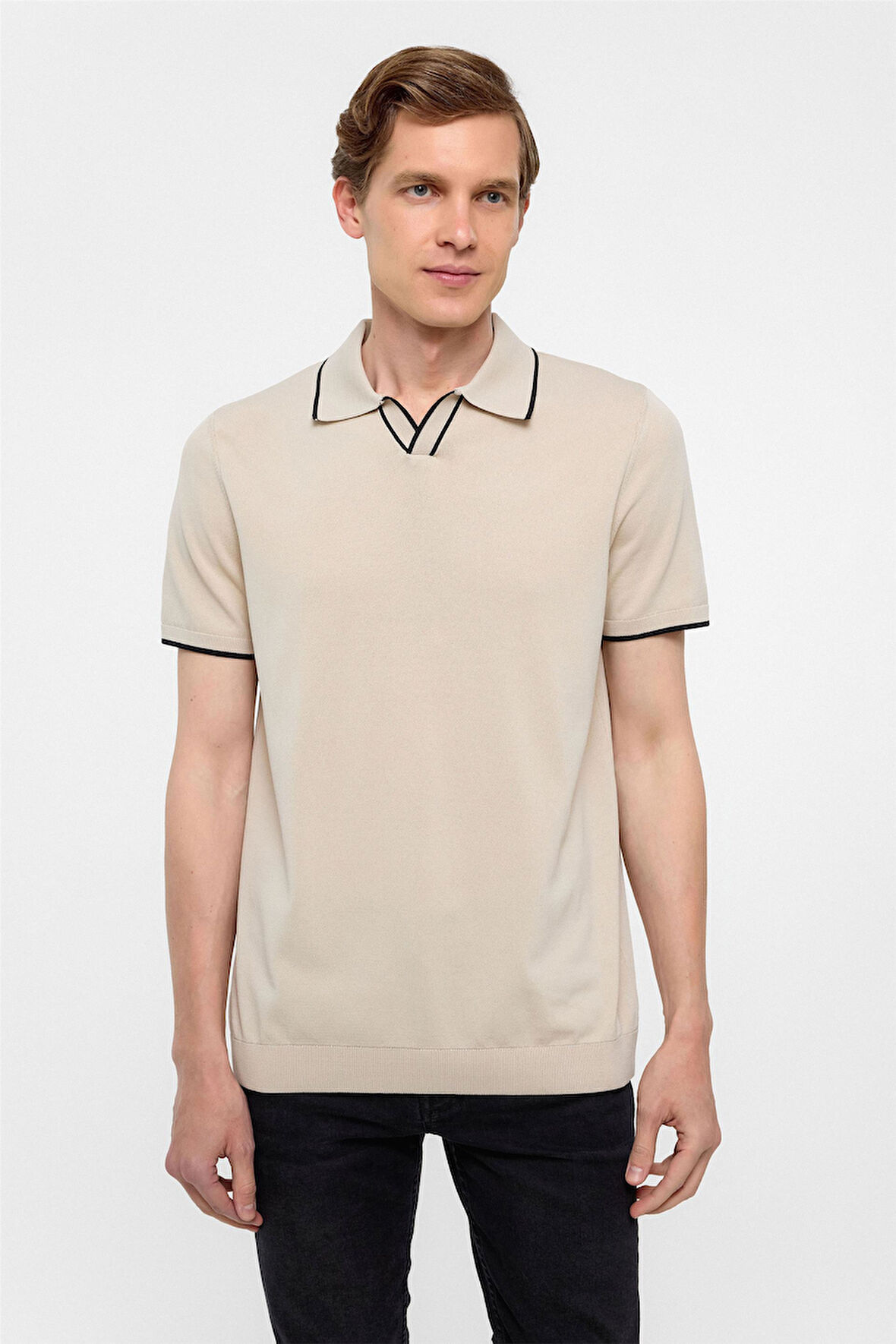 Bej Regular Düz Polo Yaka Triko Tişört 