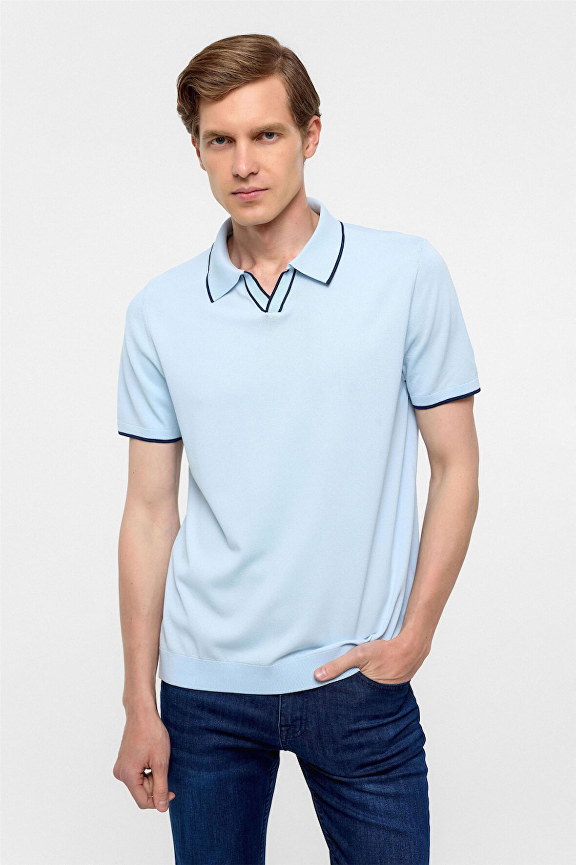 Buz Mavi Regular Düz Polo Yaka Triko Tişört 