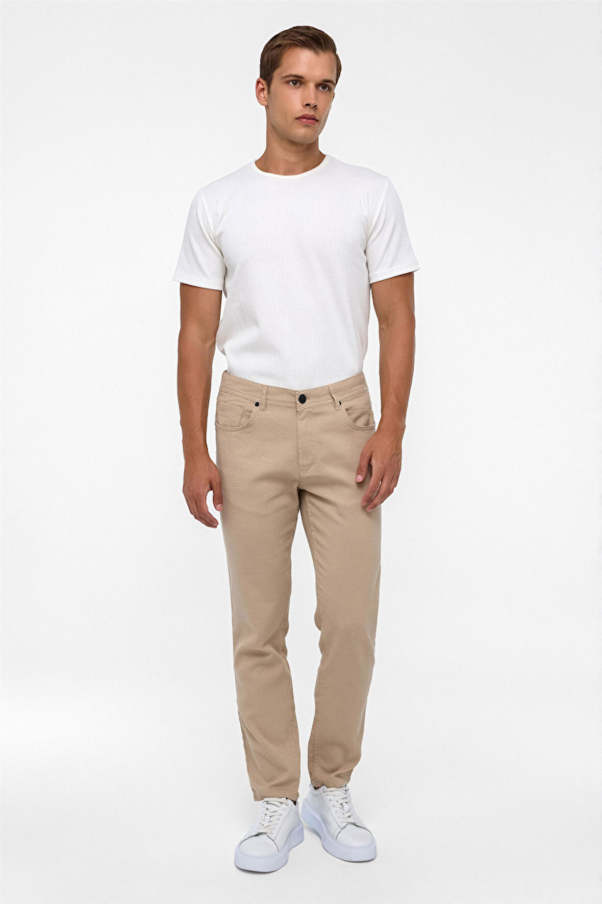 Bej Slim Fit 5 Cep Kalıp Armürlü Kanvas Pantolon