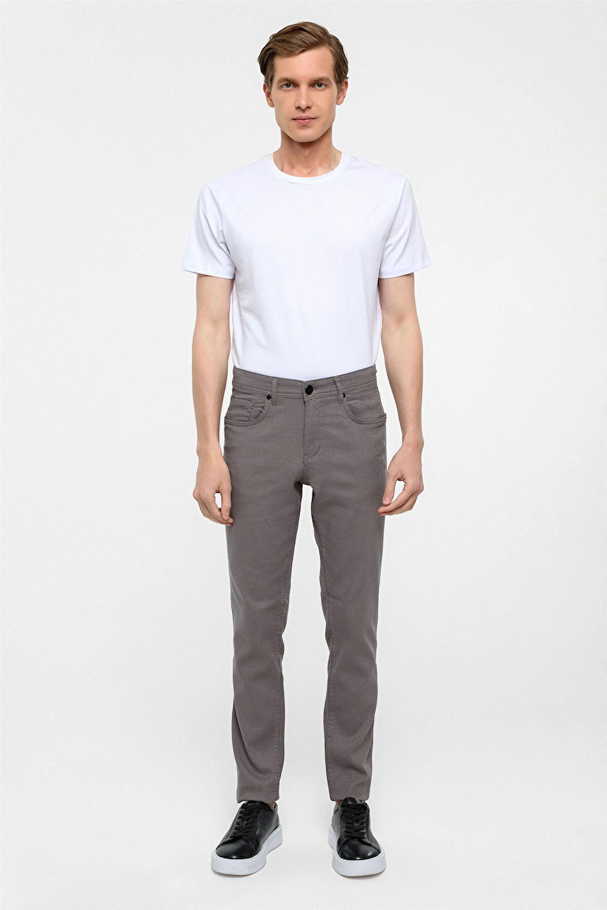 Gri Slim Fit 5 Cep Kalıp Armürlü Kanvas Pantolon