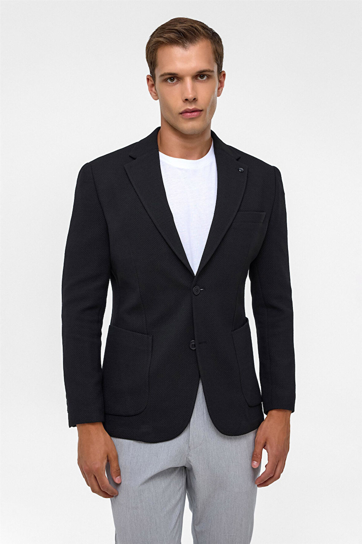 Siyah Slim Fit Desenli Mono Yaka 6 Drop Ceket