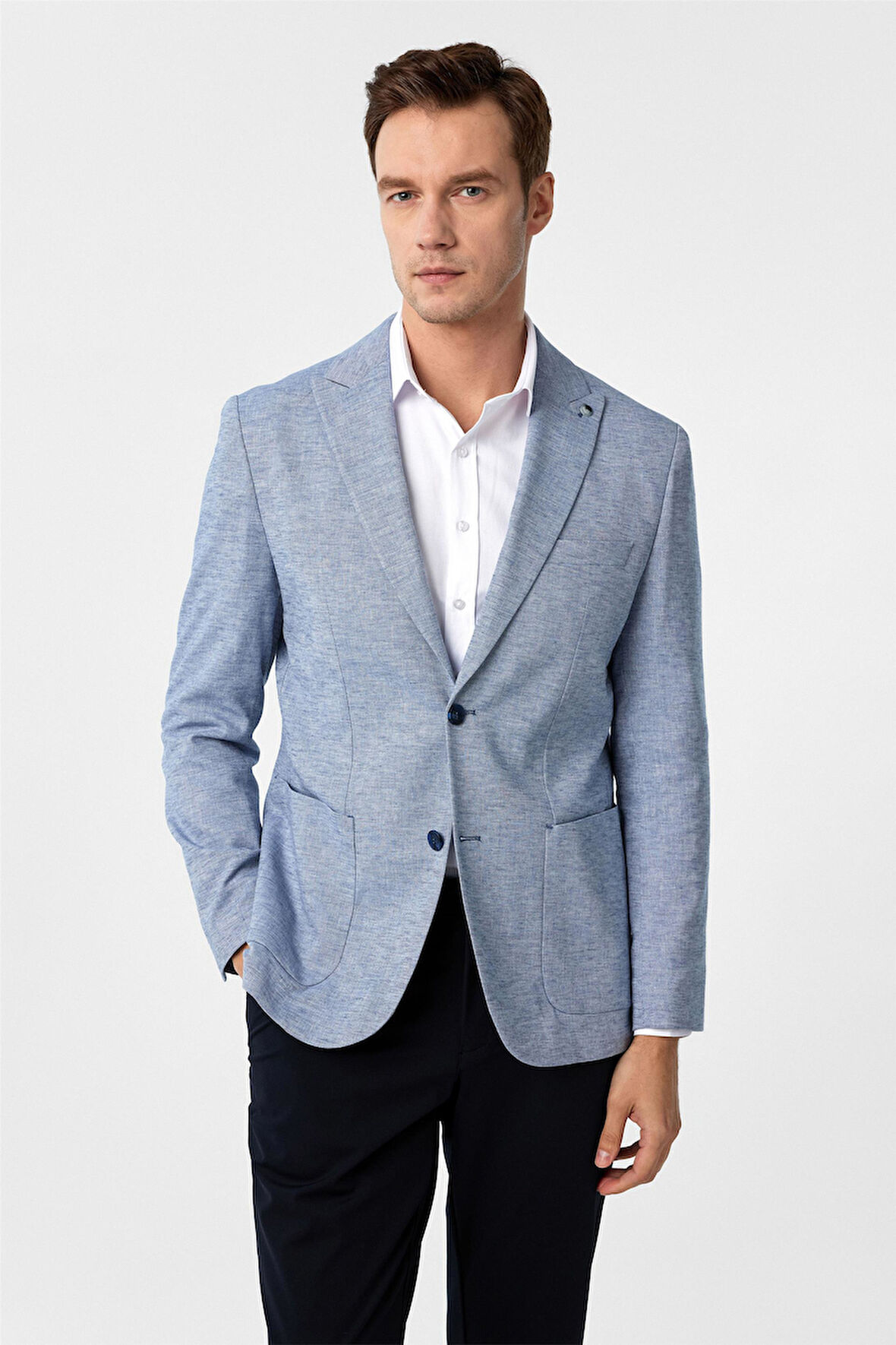 Saks Mavi Slim Fit Desenli Sivri Yaka 6 Drop Ceket