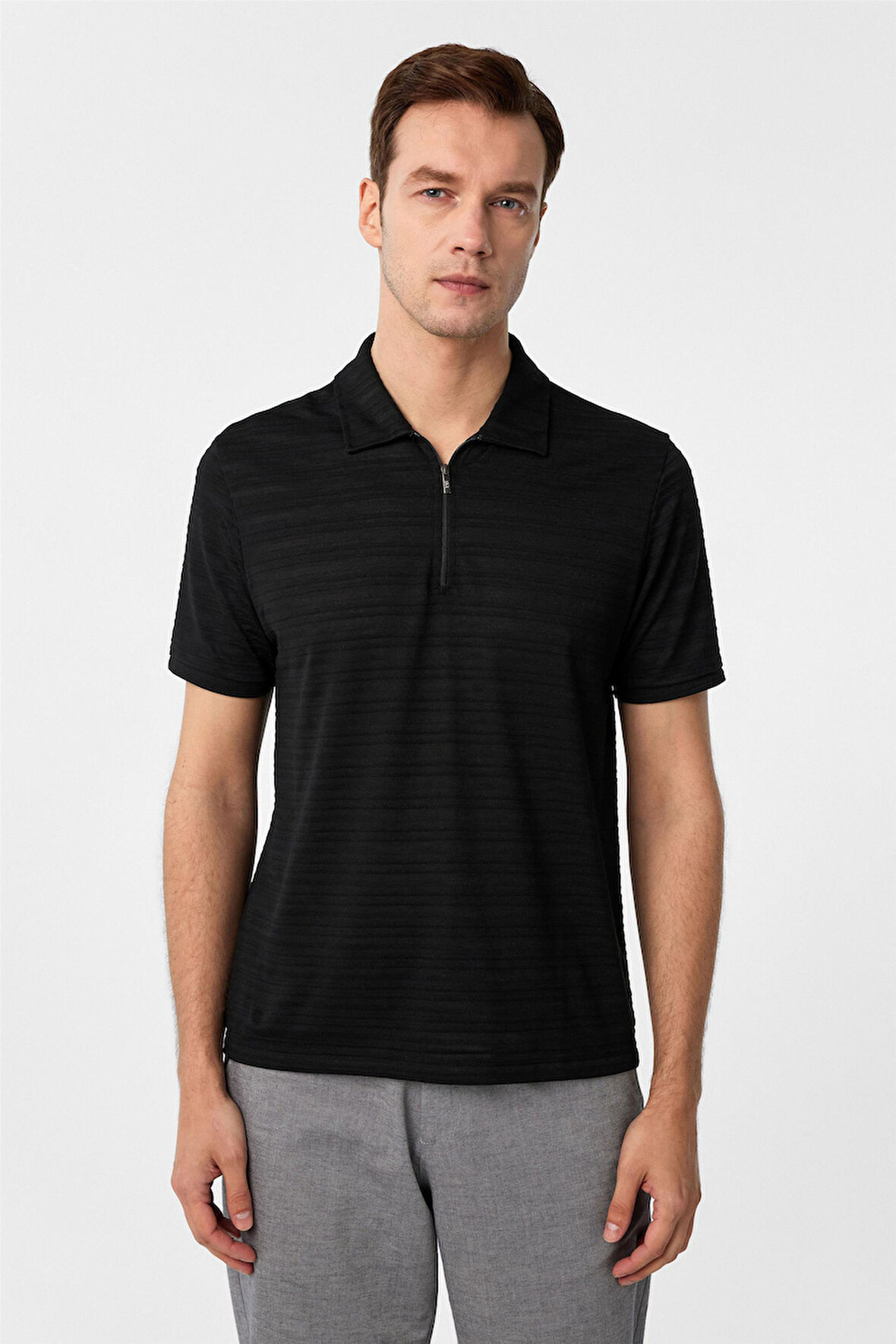 Siyah Slim Fitilli Polo Yaka Tişört