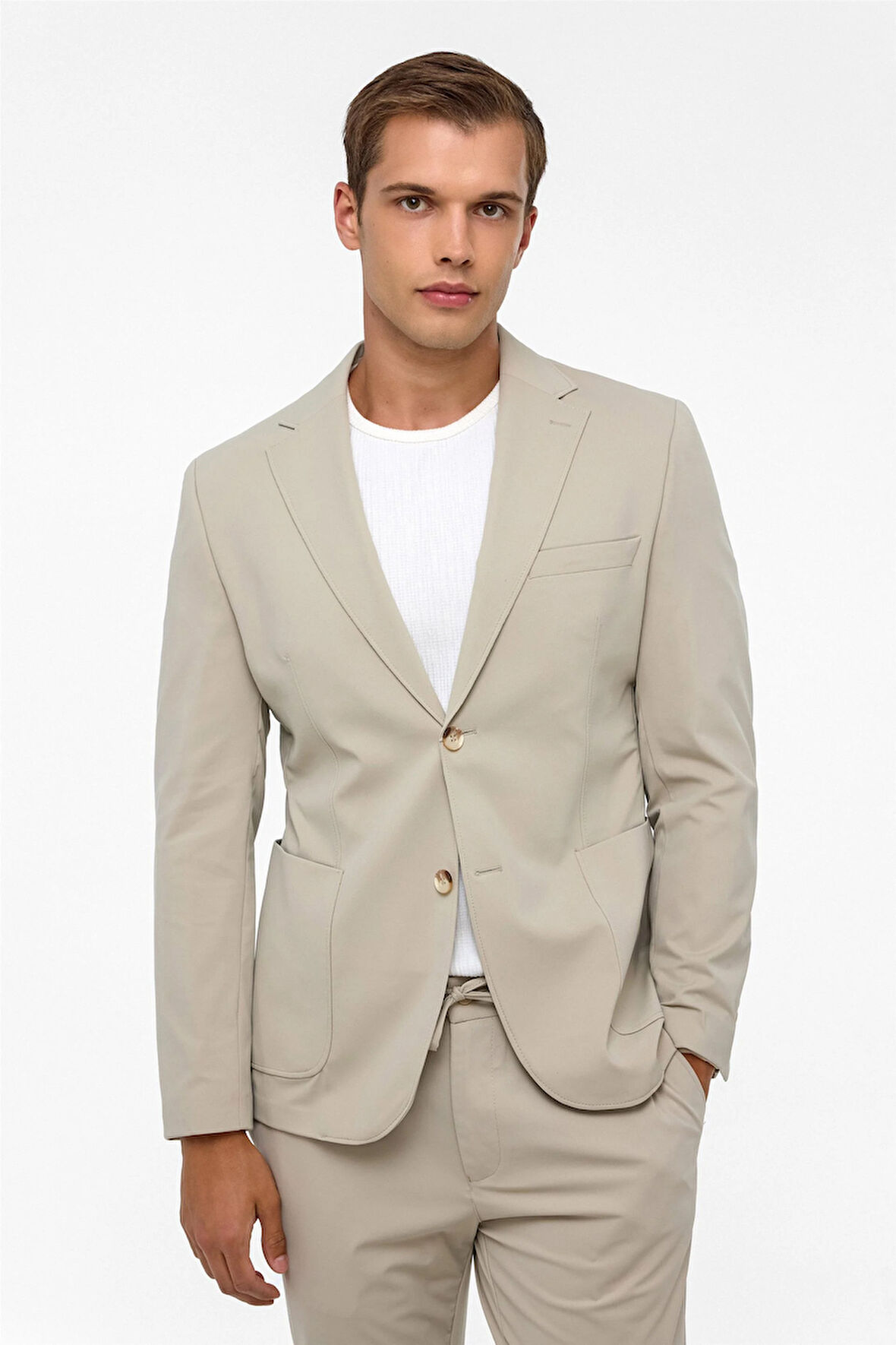 Bej Slim Düz Mono Yaka 6 Drop Spor Takım Elbise