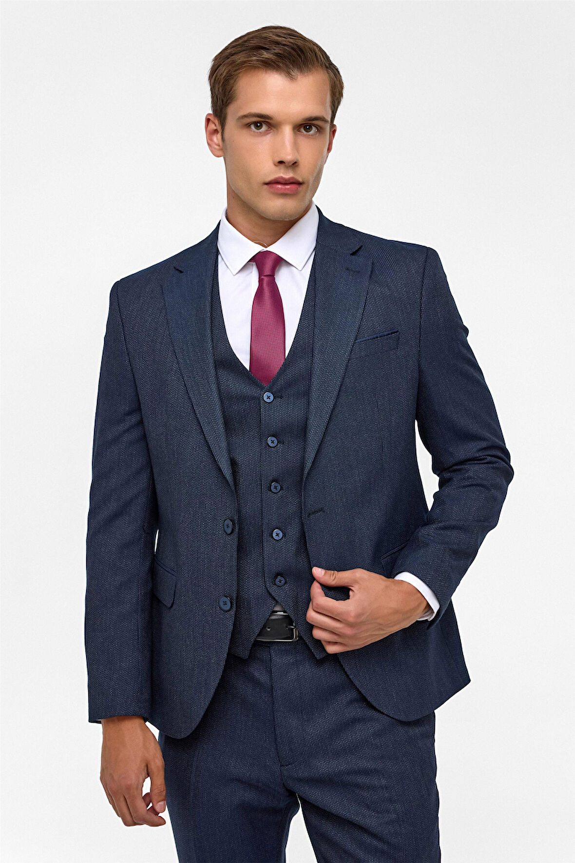 Lacivert Slim Desenli Mono Yaka 6 Drop Yelekli Takım Elbise