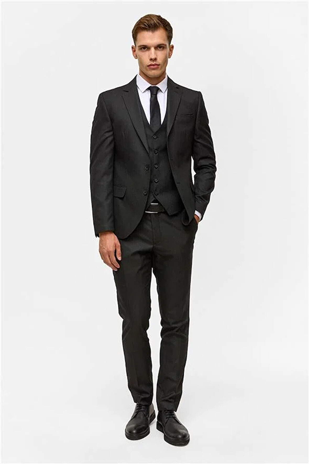 Siyah Slim Desenli Mono Yaka 6 Drop Yelekli Takım Elbise