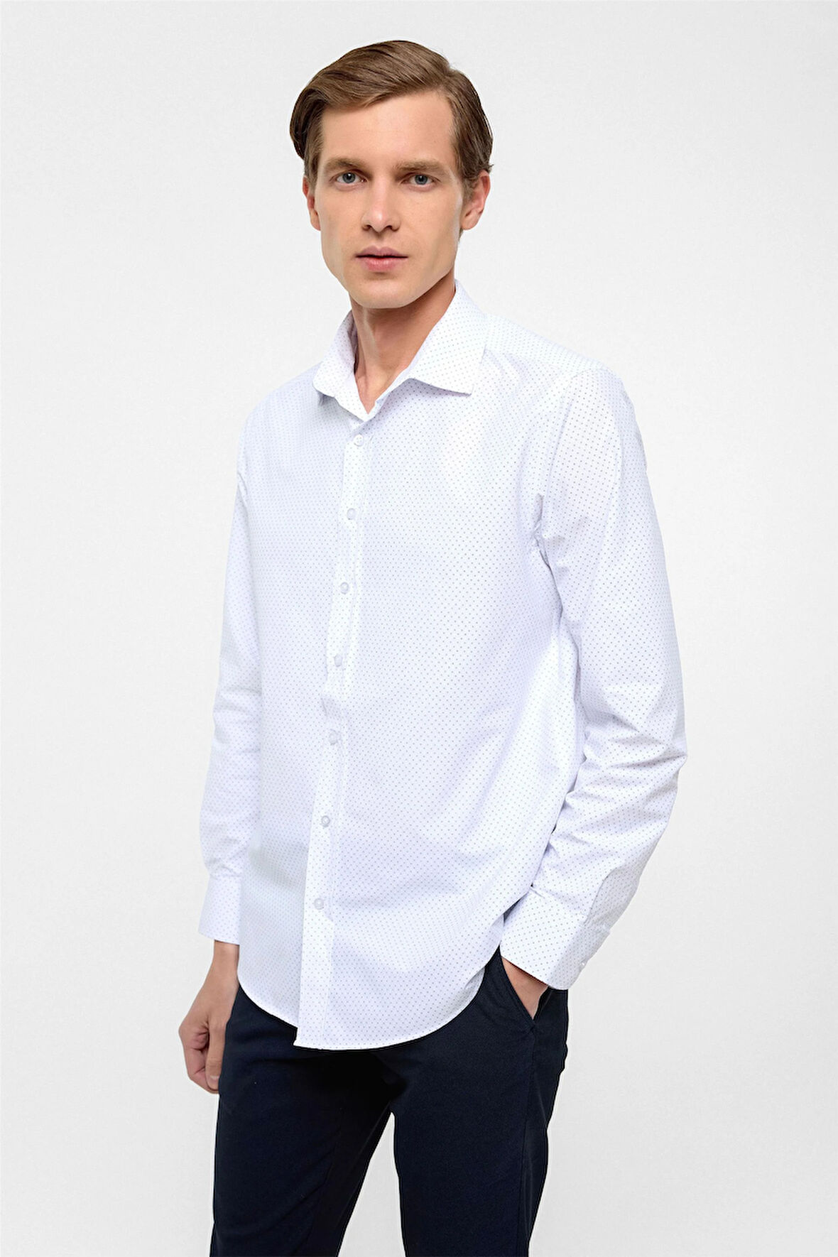Lacivert Regular Fit Baskılı Klasik Yaka Gömlek