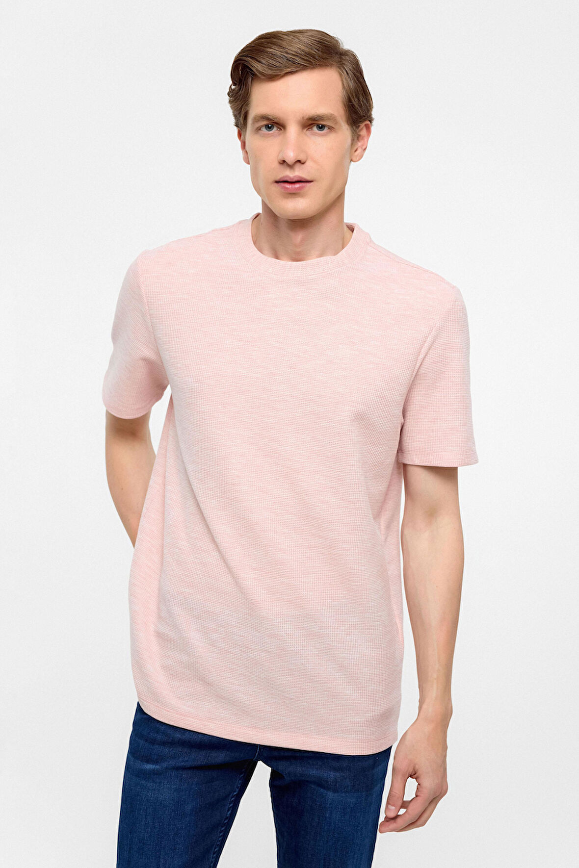 Koyu Pembe Regular Armürlü Bisiklet Yaka Tişört