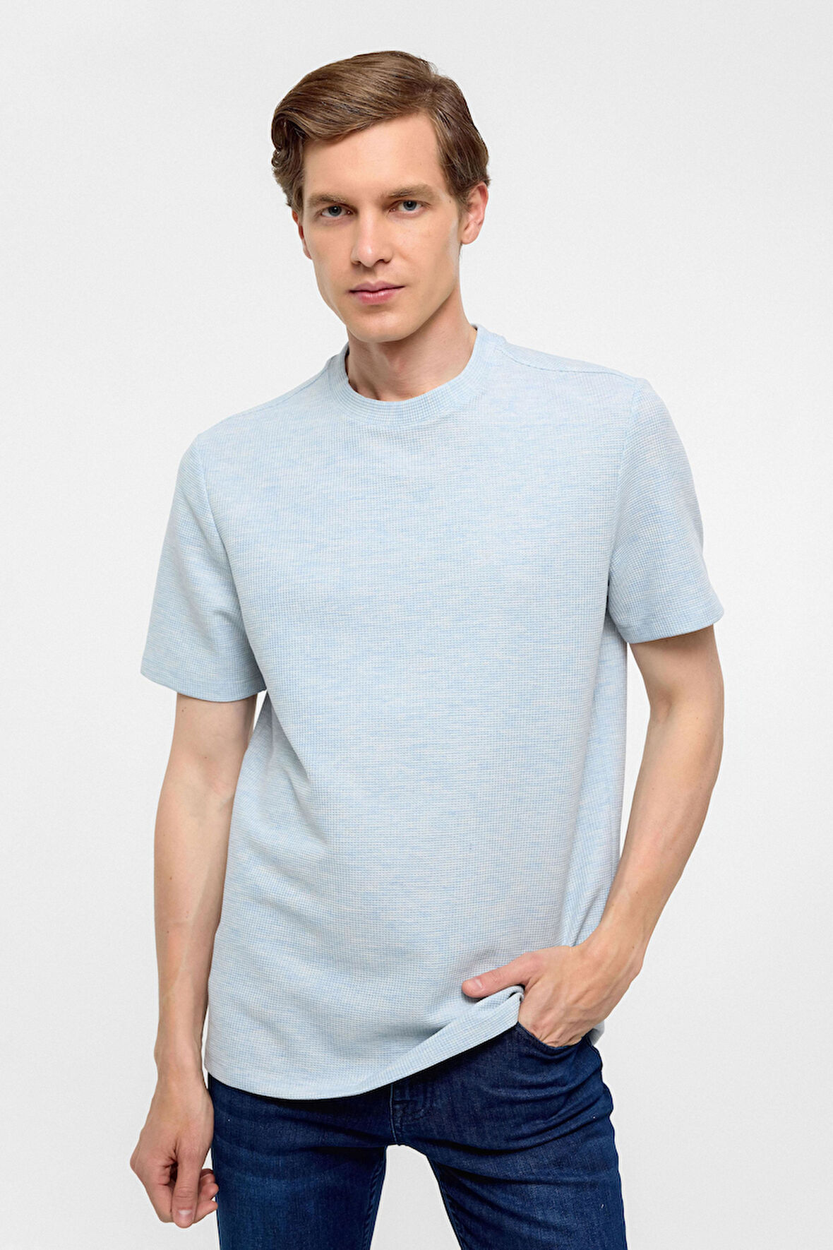 Buz Mavi Regular Armürlü Bisiklet Yaka Tişört