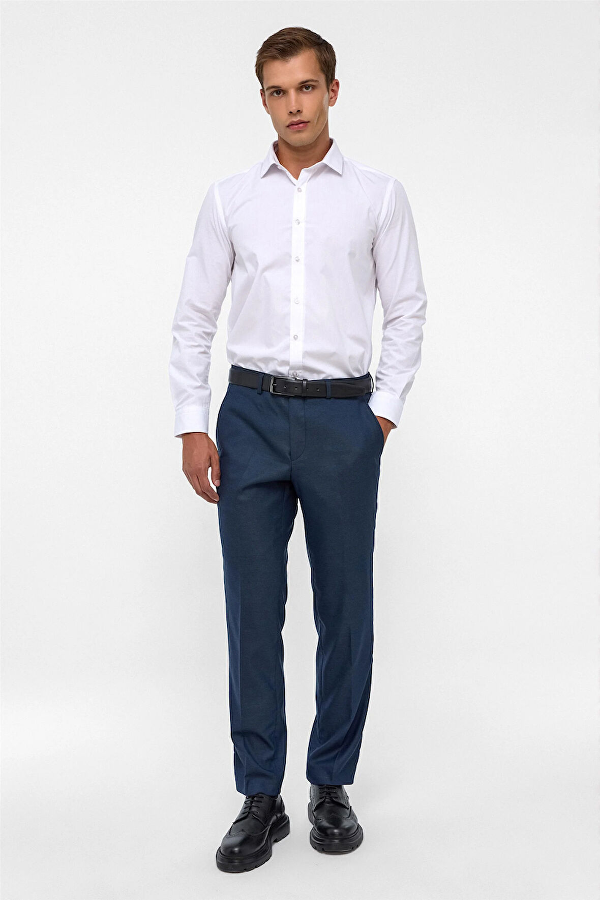 Lacivert Regular Armürlü Kumaş Pantolon