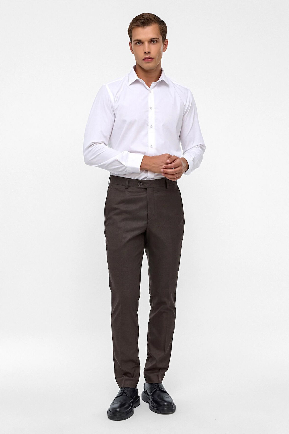 Koyu Kahve Slim Fit Armürlü Kumaş Pantolon