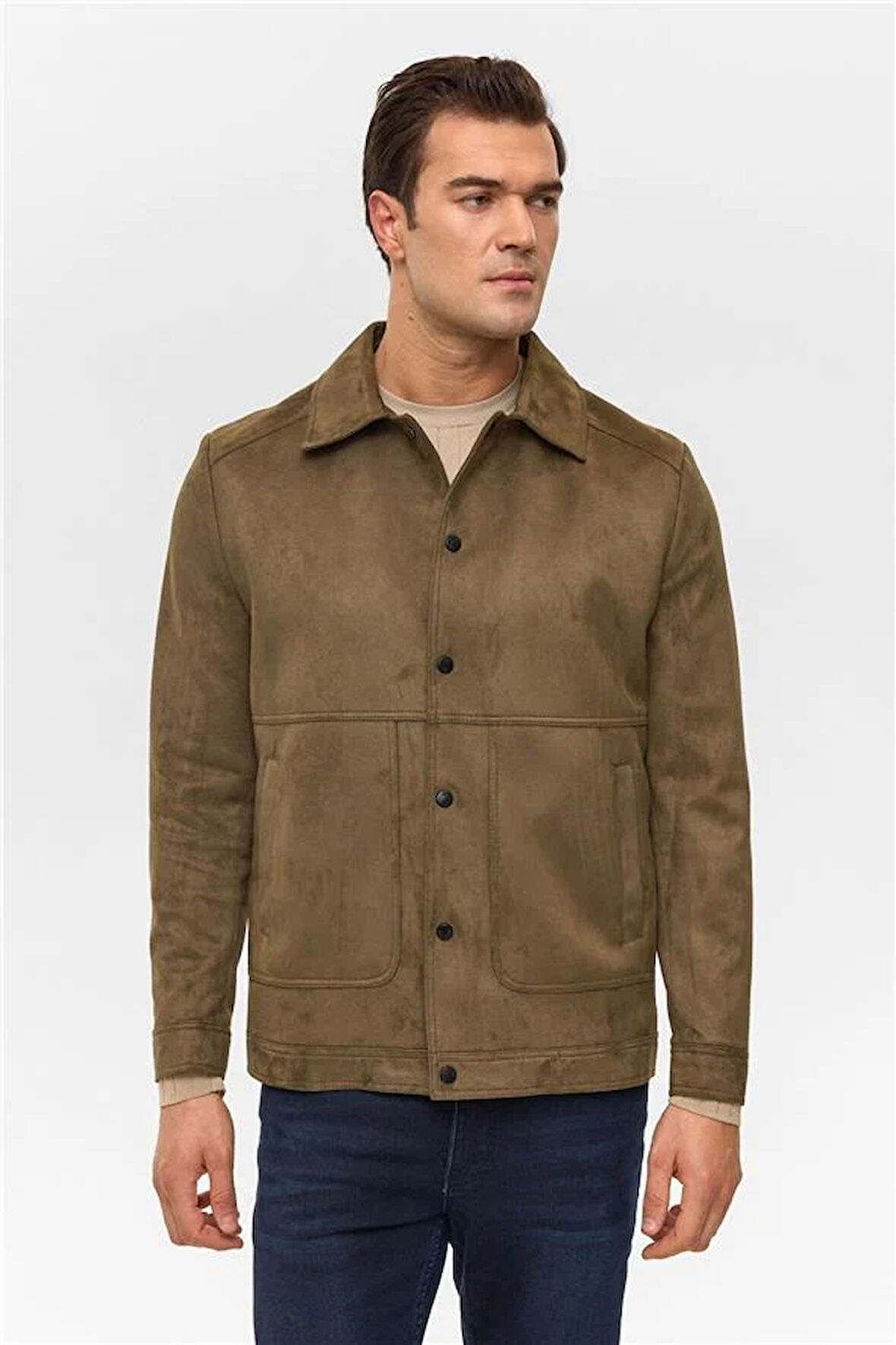 Koyu Haki Slim Düz Klasik Yaka Mont