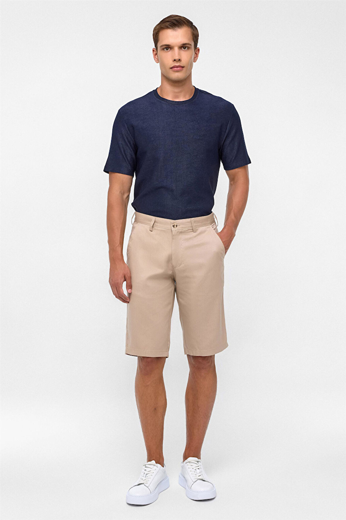 Bej Regular Düz Bermuda Şort