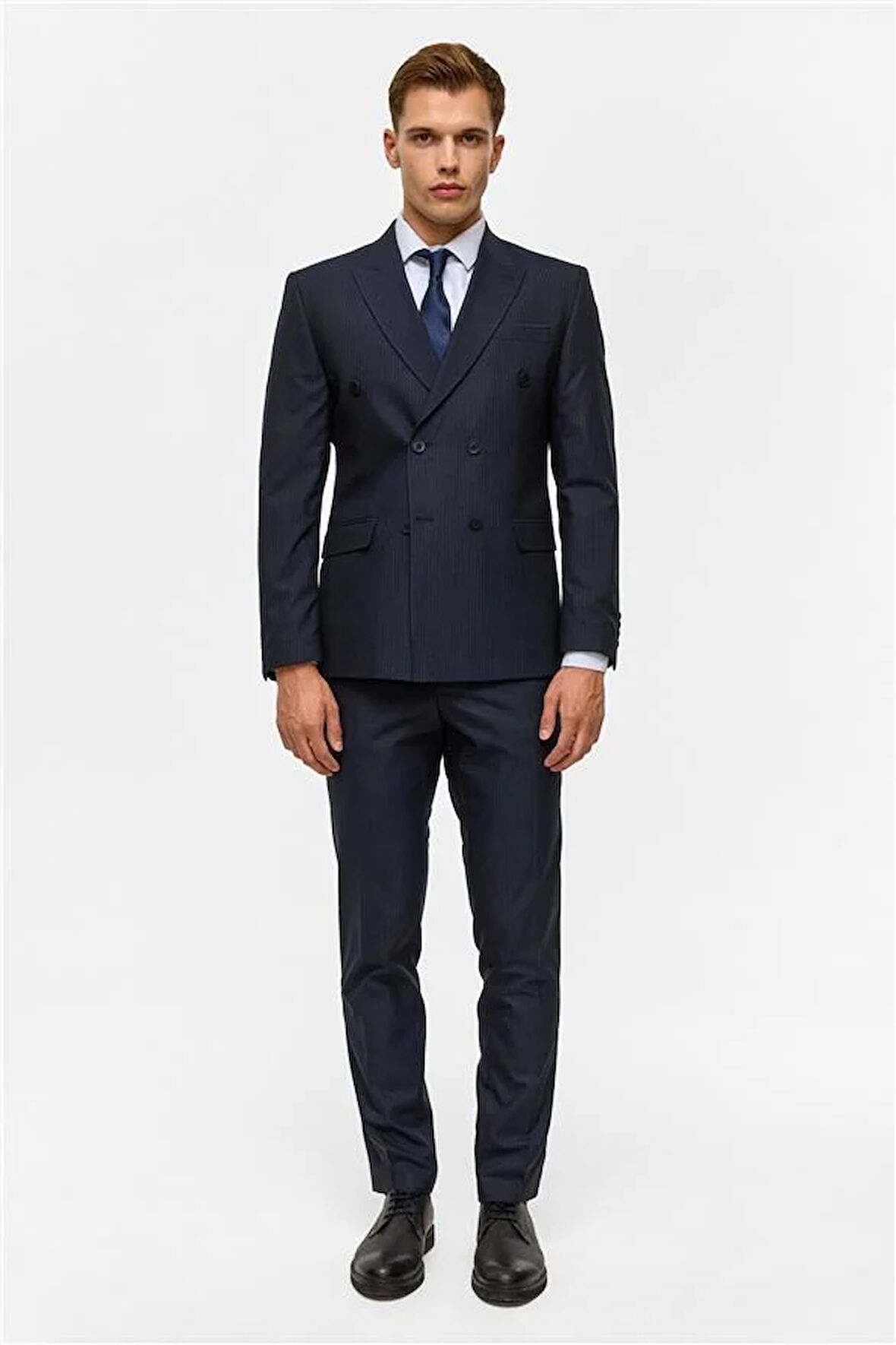 Lacivert Slim Çizgili Kruvaze Yaka 6 Drop Takım Elbise