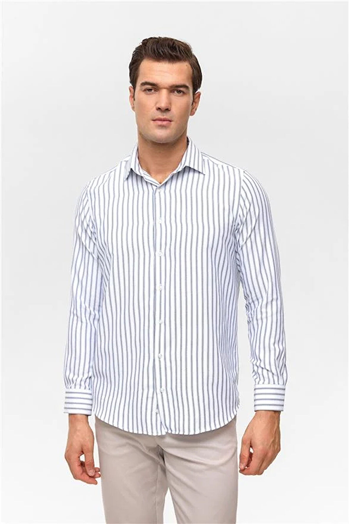Lacivert Regular Çizgili Klasik Yaka Gömlek