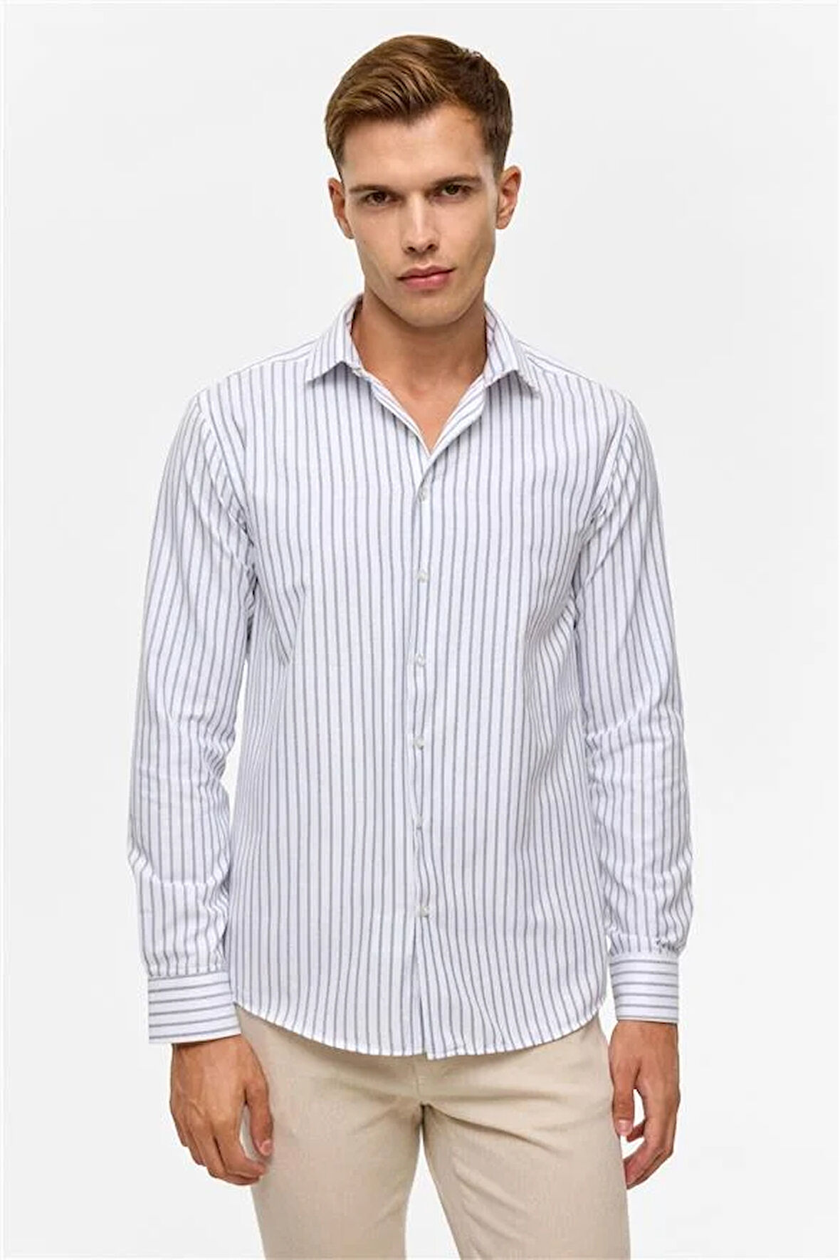 Lacivert Slim Çizgili Klasik Yaka Gömlek