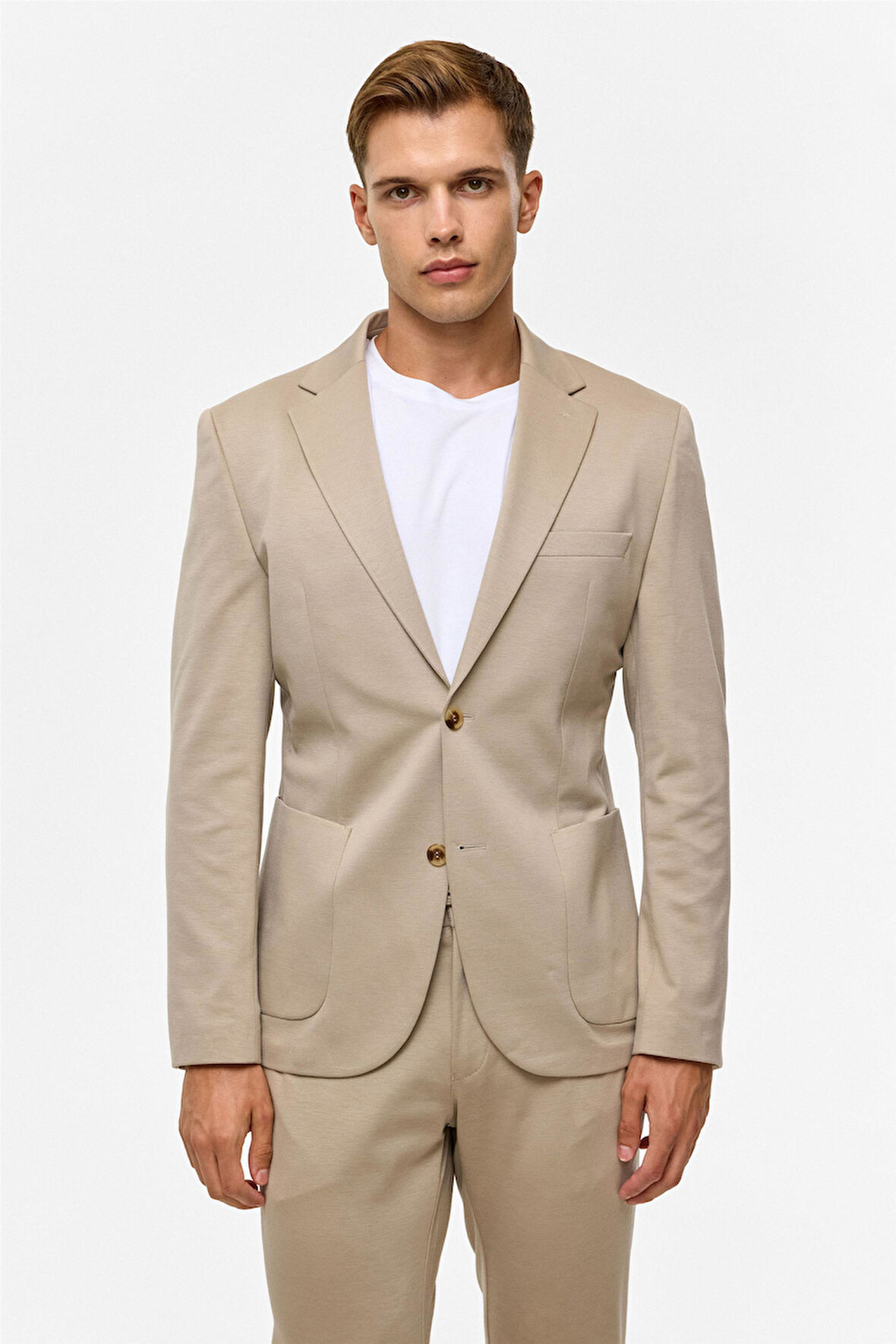 Bej Slim Düz Mono Yaka 6 Drop Takım Elbise