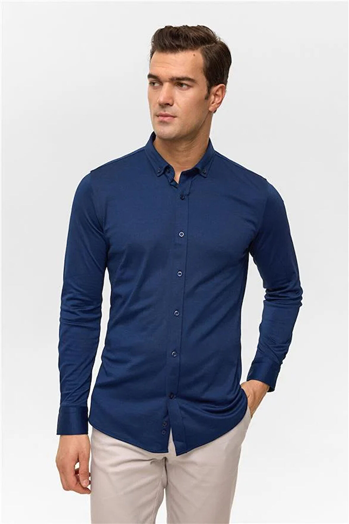 Slim Armürlü Düğmeli Yaka Gömlek