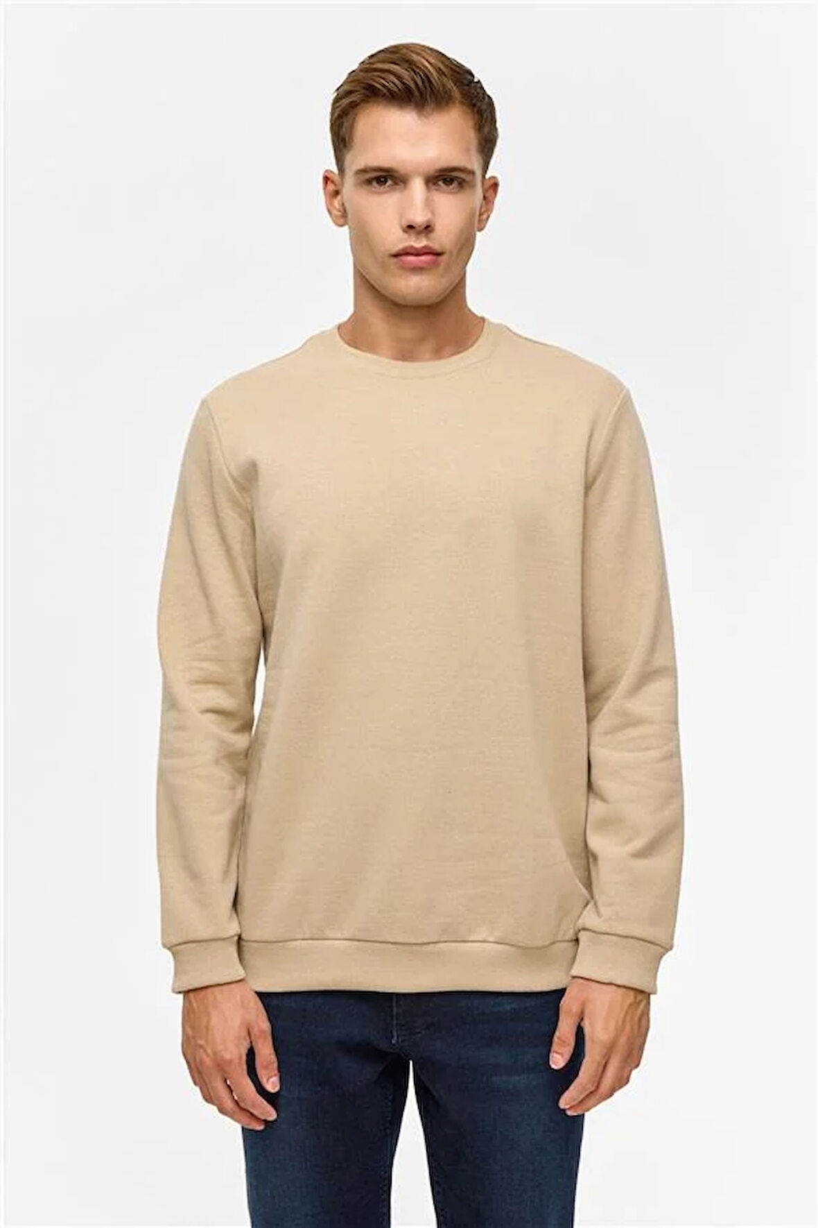 Bej Regular Düz Bisiklet Yaka Sweatshirt