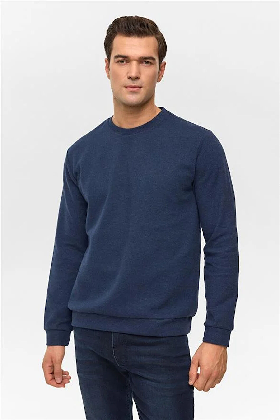 Lacivert Regular Düz Bisiklet Yaka Sweatshirt