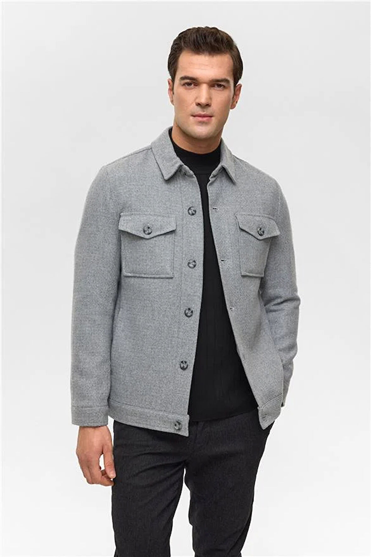 Gri Slim Desenli Klasik Yaka Mont