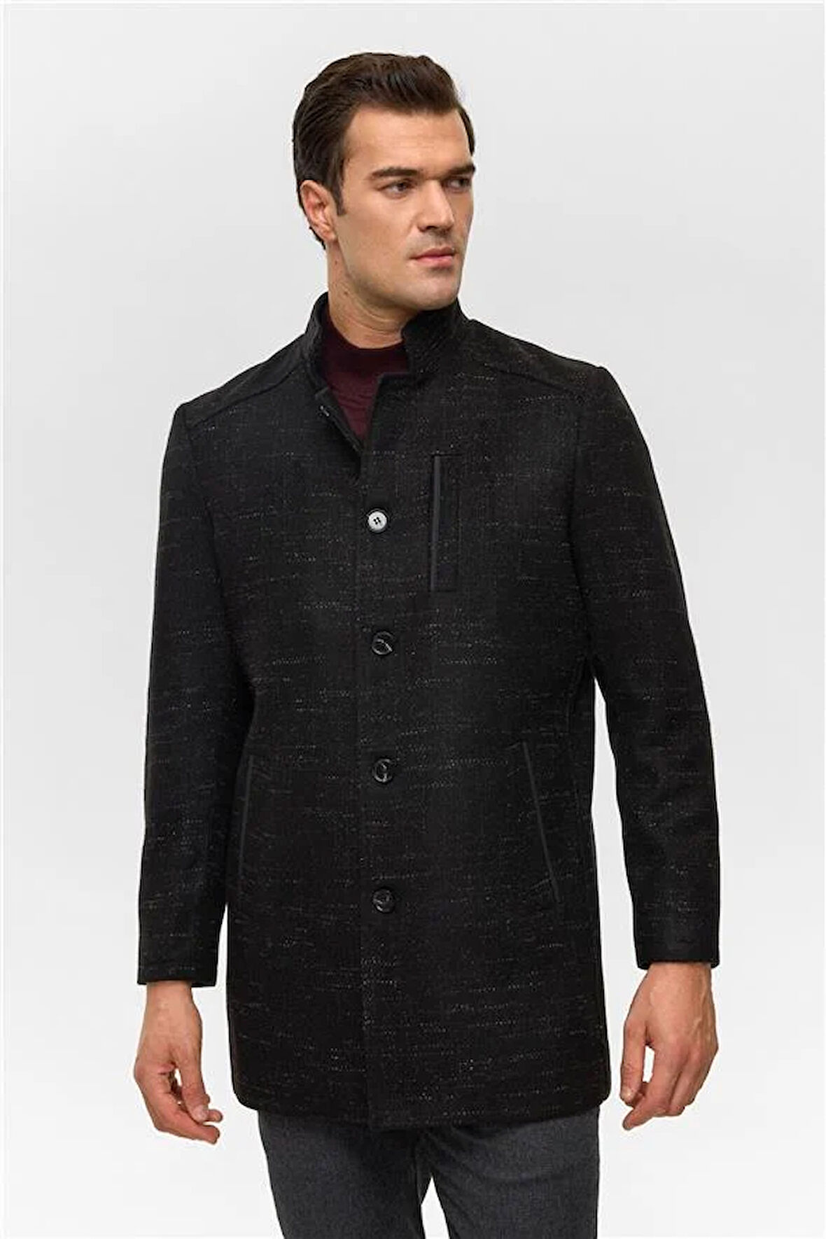 Siyah Regular Desenli Hakim Yaka Kaban